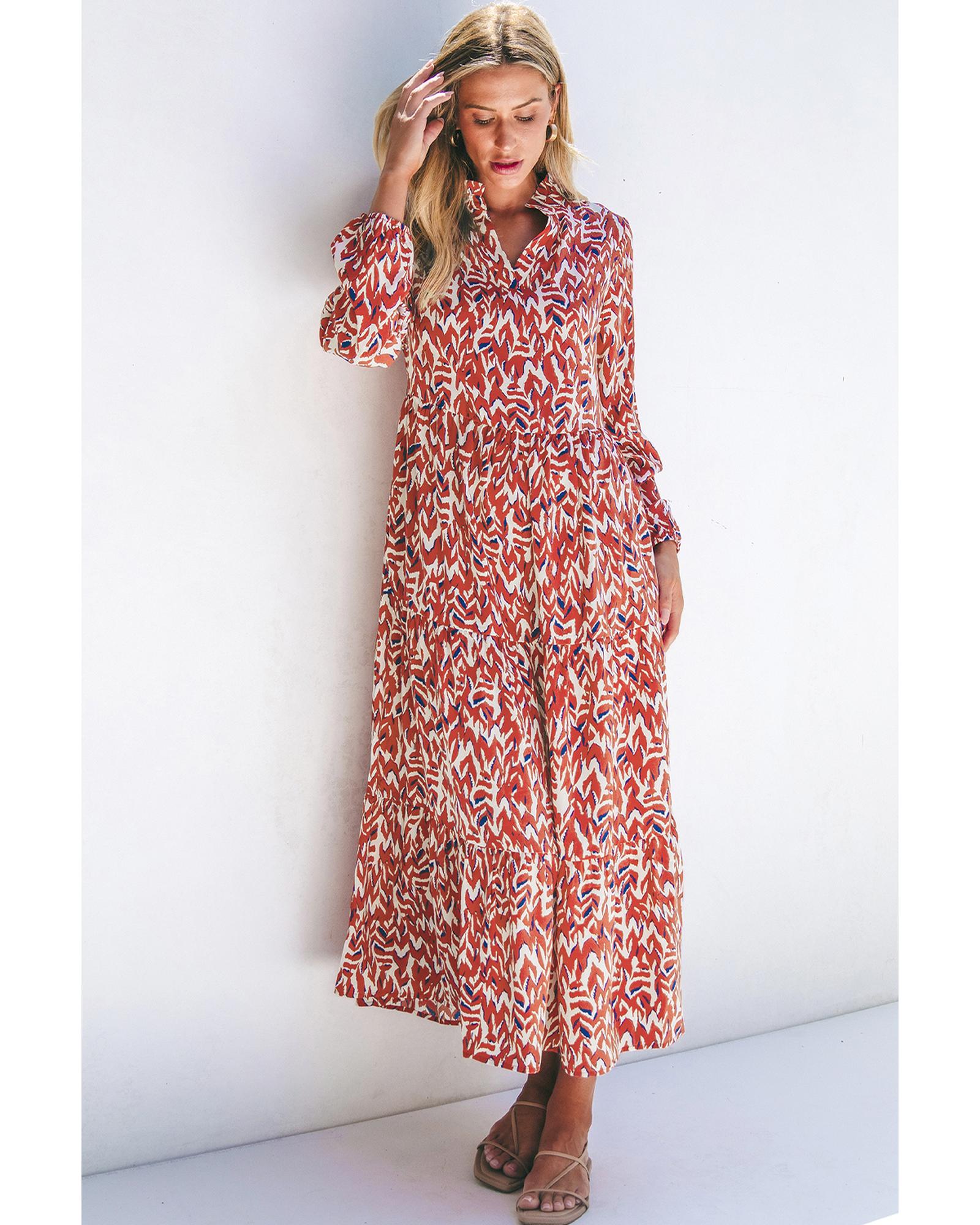 Orange Abstract Print V Neck Pleated High Waist Midi Dress - S