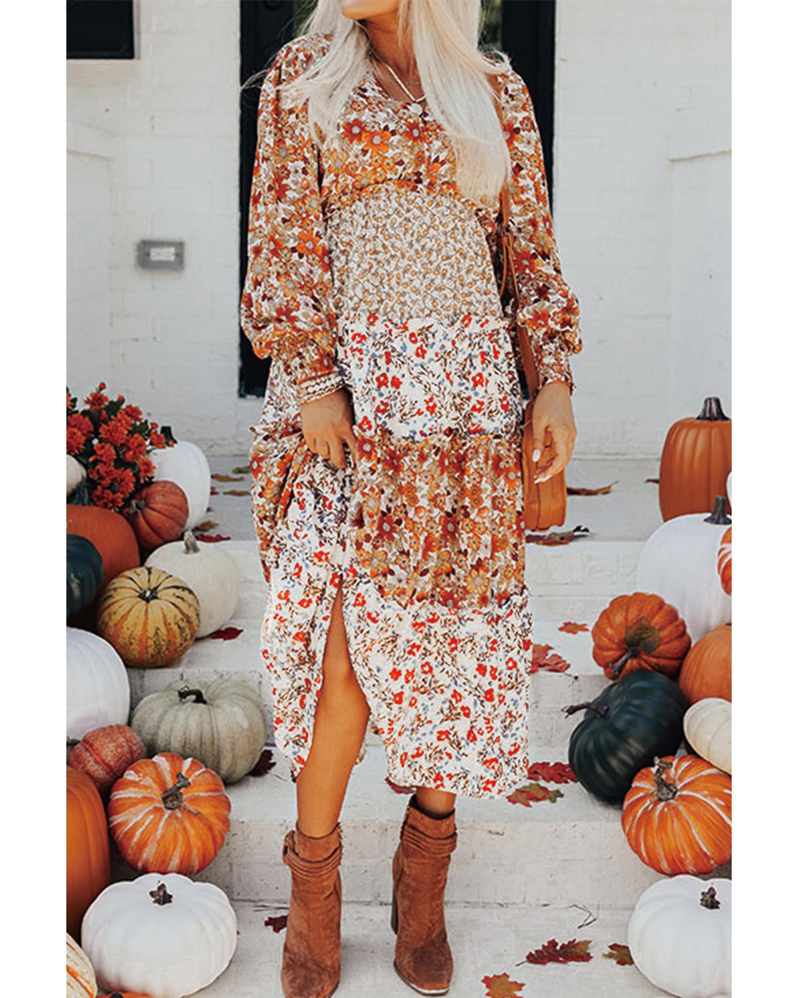 Khaki Floral Print Ruffled Tiered Long Sleeve V Neck Midi Dress - M