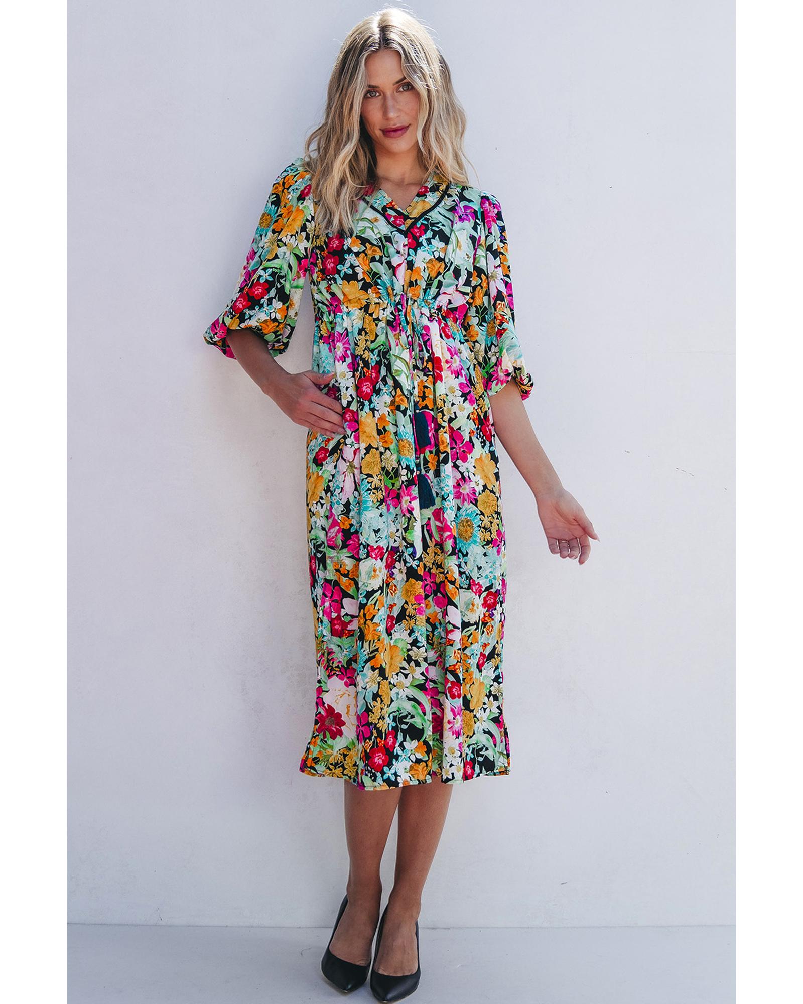 Green Floral Puff Sleeve V Neck Tassel Drawstring Dress - XL