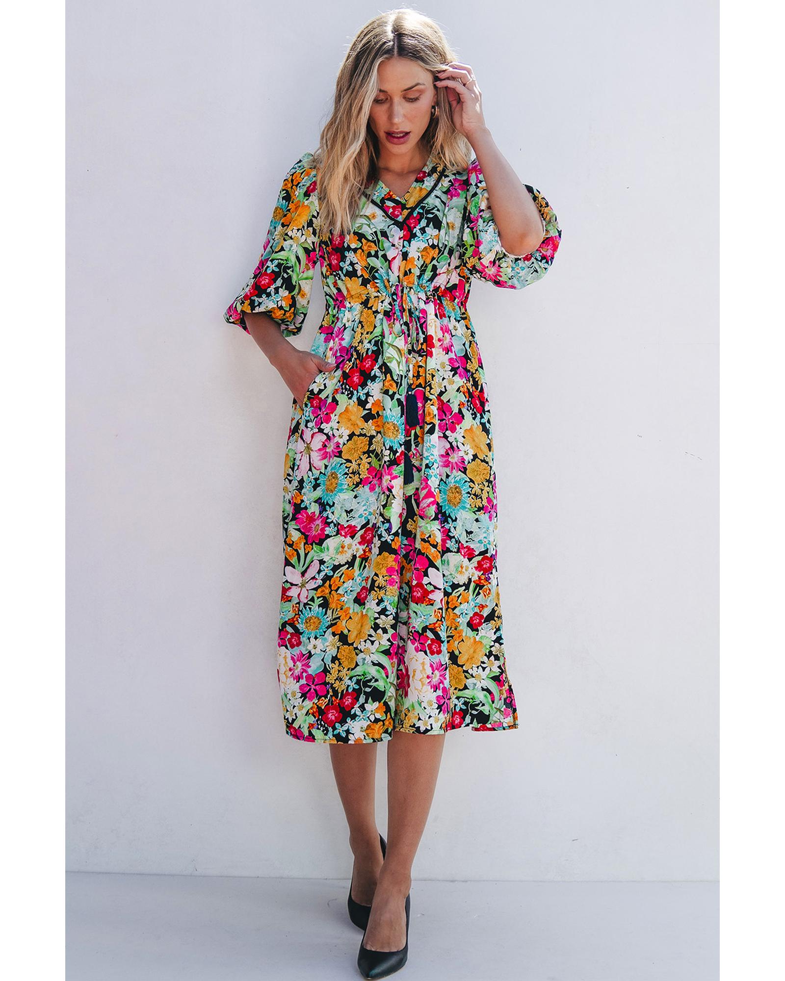 Green Floral Puff Sleeve V Neck Tassel Drawstring Dress - XL