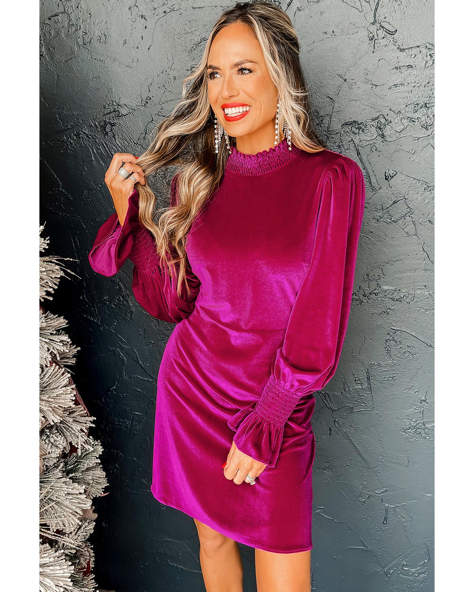 Rose Red Smocked Mock Neck Ruffled Puff Sleeve Velvet Mini Dress - XL