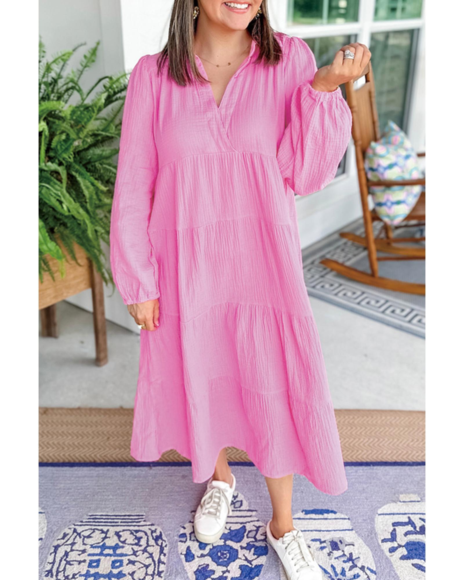 Bonbon Solid Collared V Neck Tiered Loose Fit Midi Dress - M