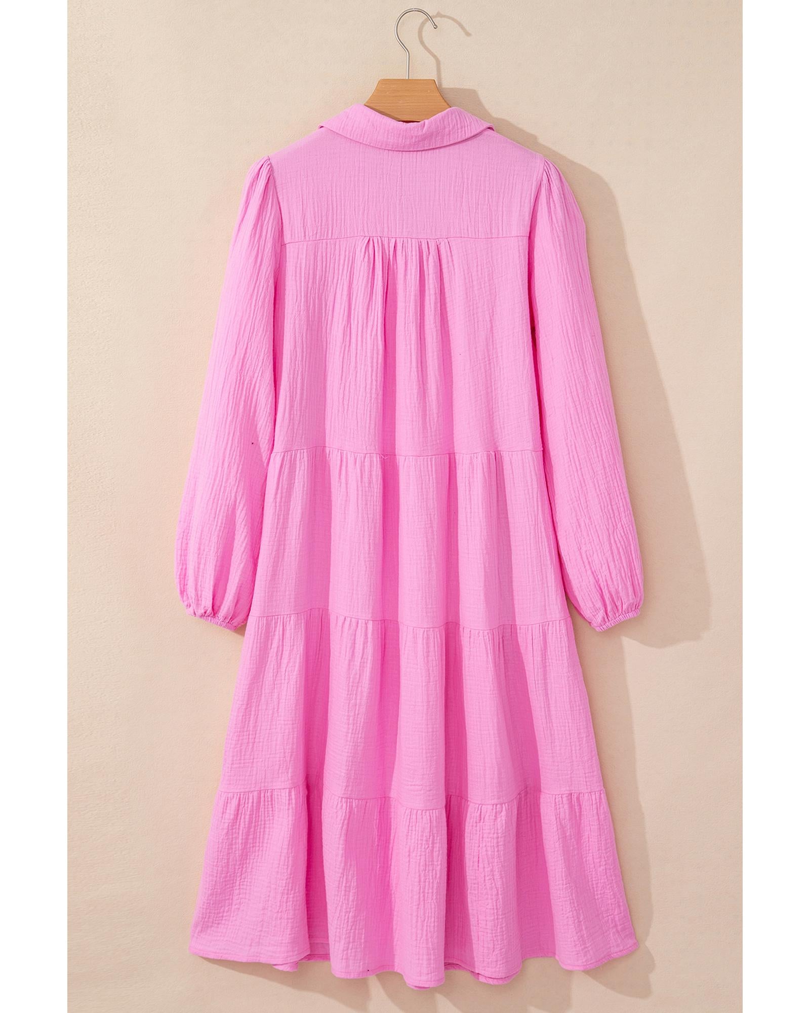 Bonbon Solid Collared V Neck Tiered Loose Fit Midi Dress - S