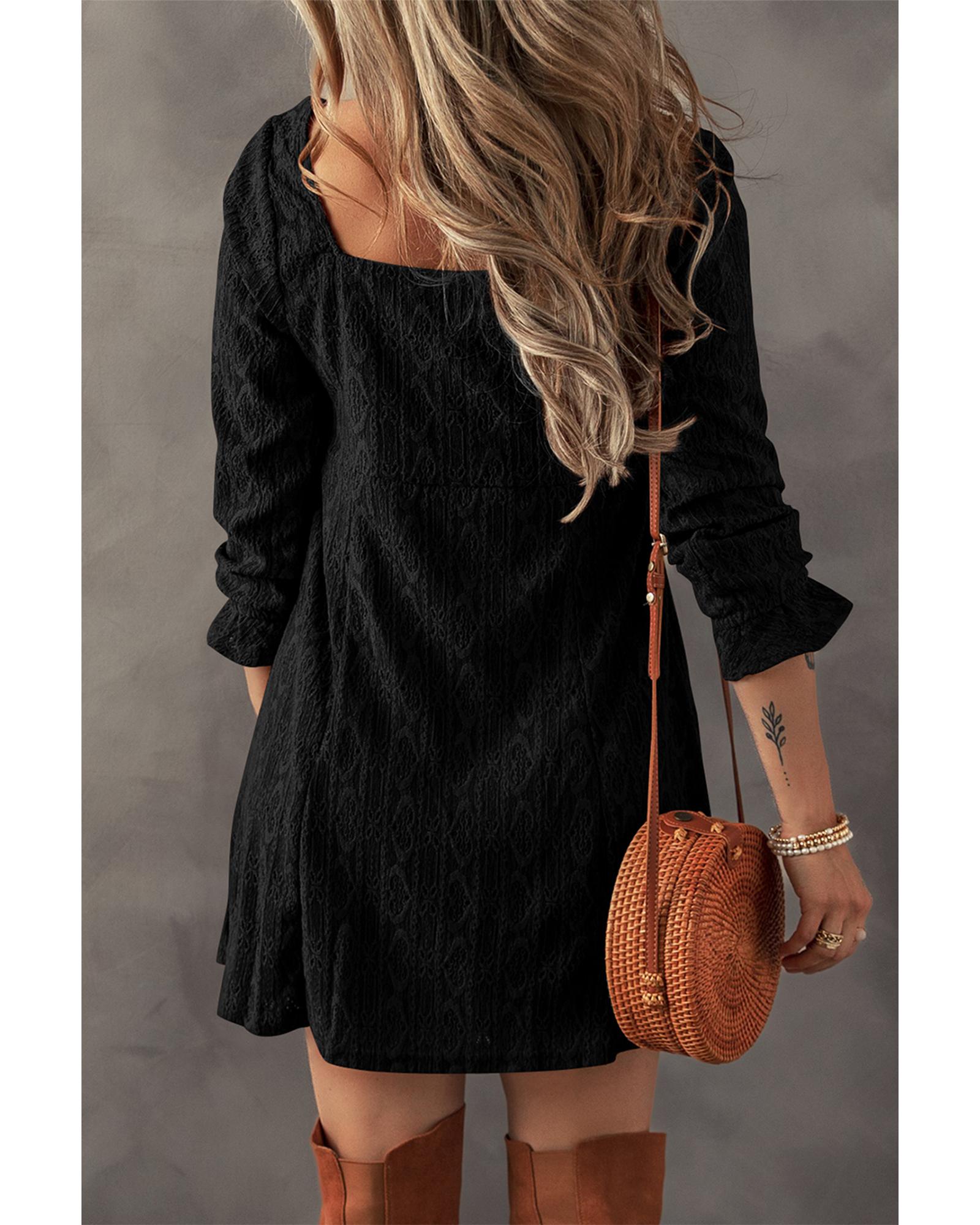Black Lace Crochet Buttoned Square Neck Shift Mini Dress - XL
