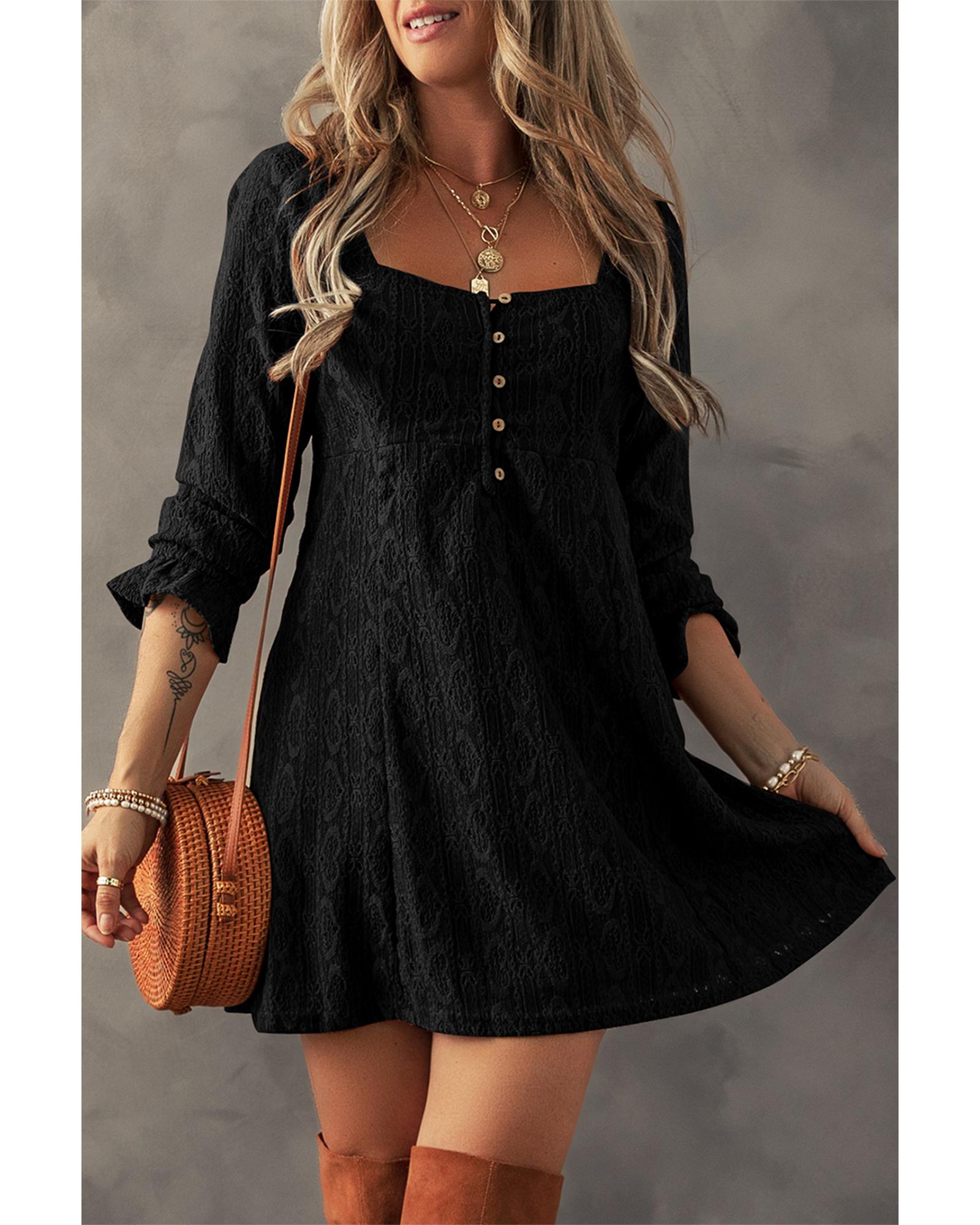Black Lace Crochet Buttoned Square Neck Shift Mini Dress - XL