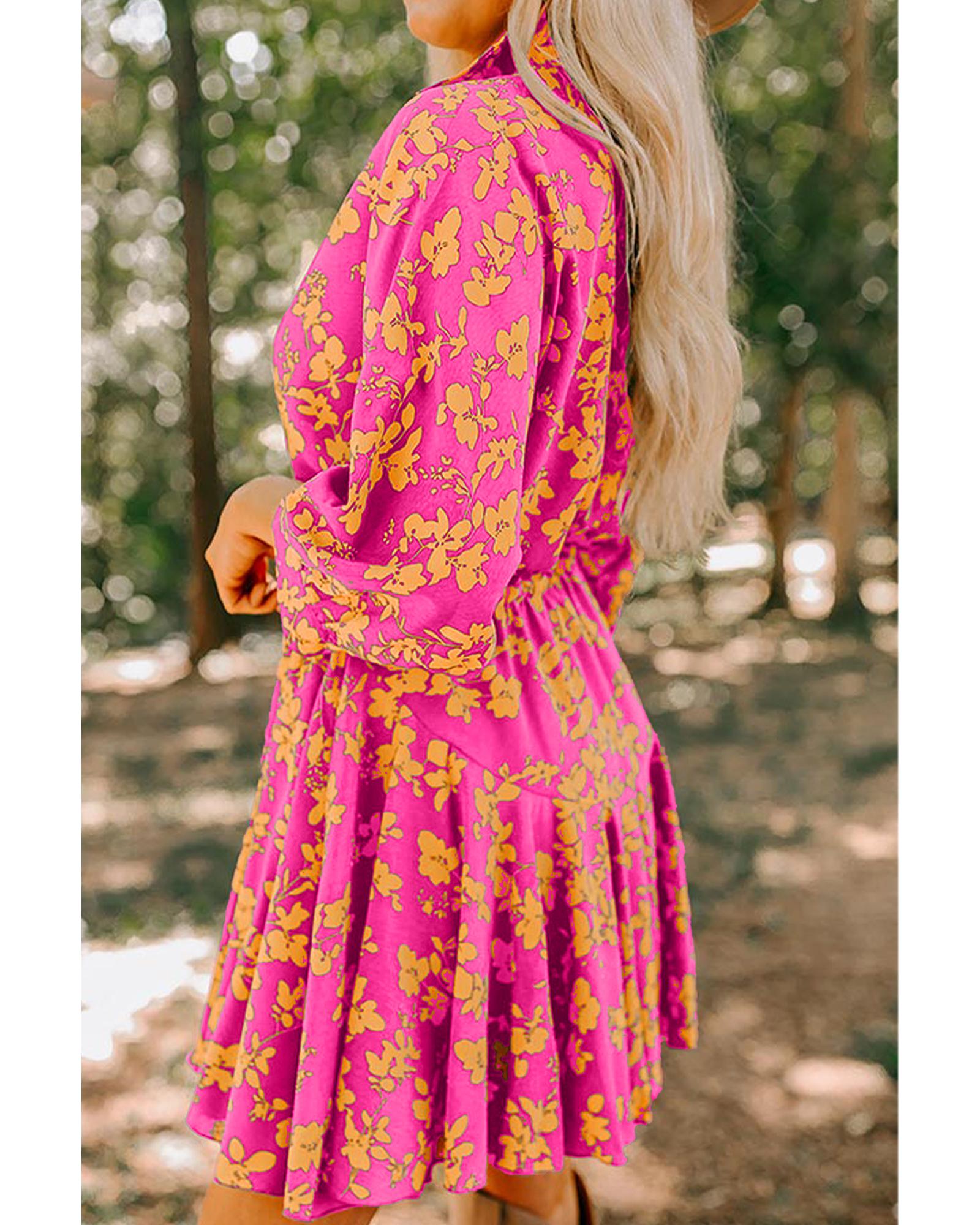 Pink Floral Print Drawstring Tunic Flowy Short Dress - XL