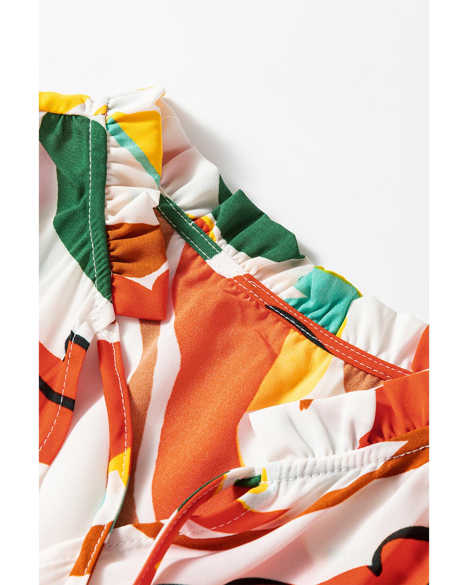 Orange Floral Print Split V Neck Tiered Maxi Dress - L