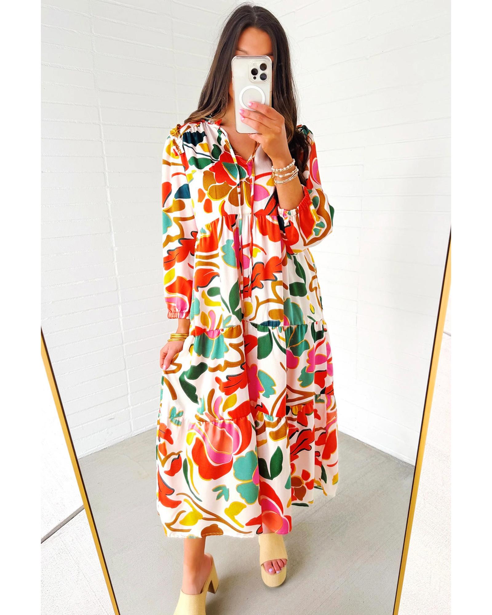 Orange Floral Print Split V Neck Tiered Maxi Dress - M