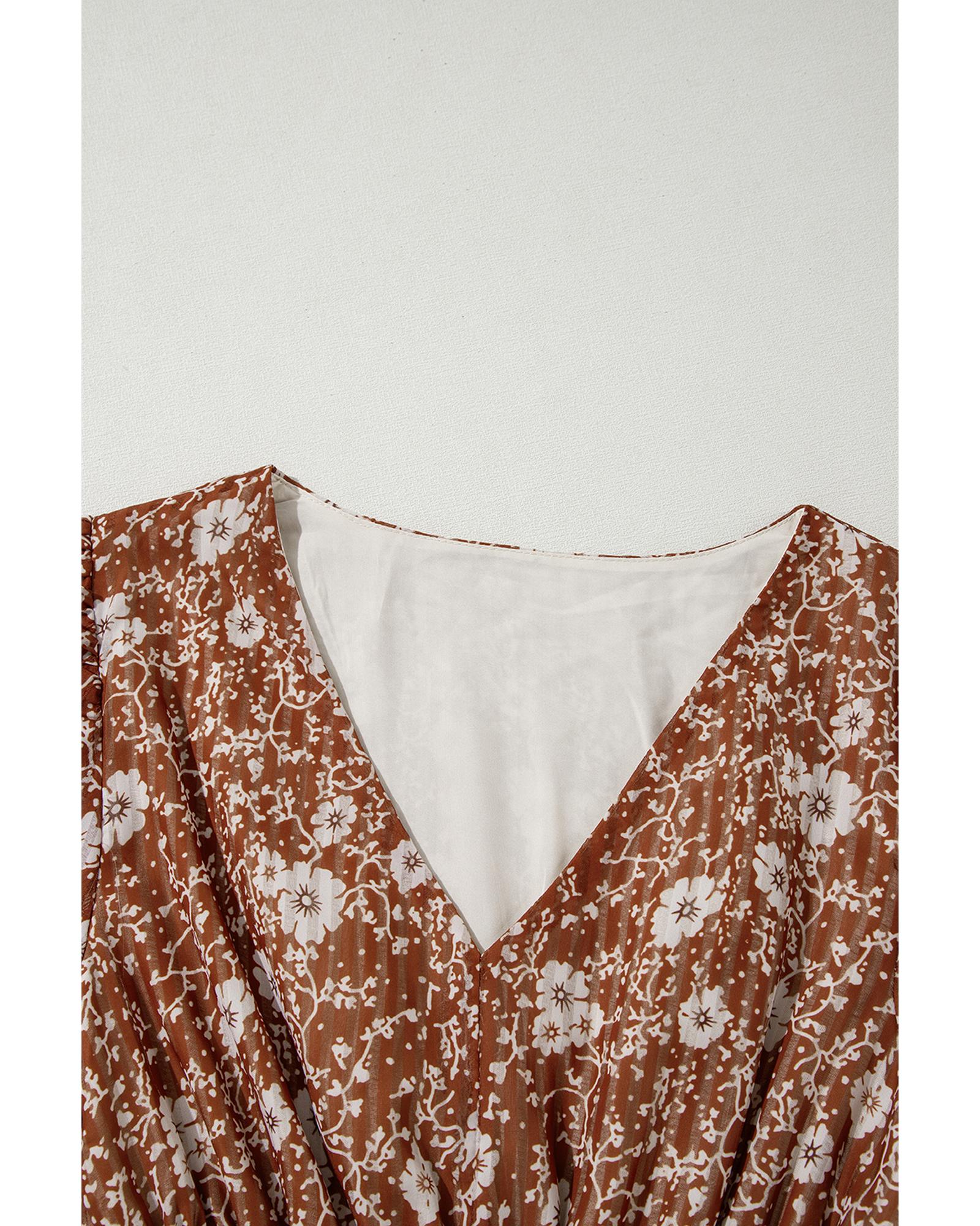 Brown Boho Floral Ruffled Puff Sleeve V Neck Mini Dress - L