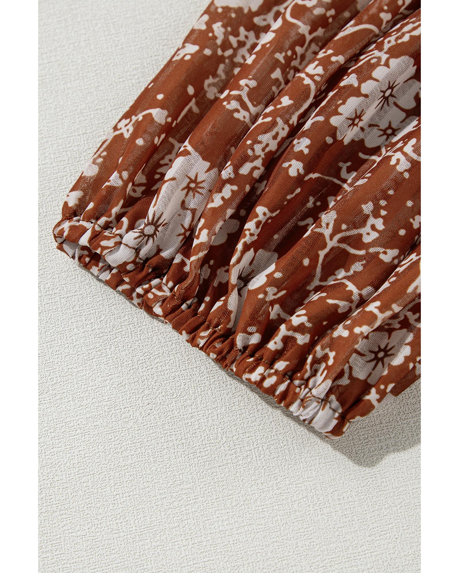 Brown Boho Floral Ruffled Puff Sleeve V Neck Mini Dress - L