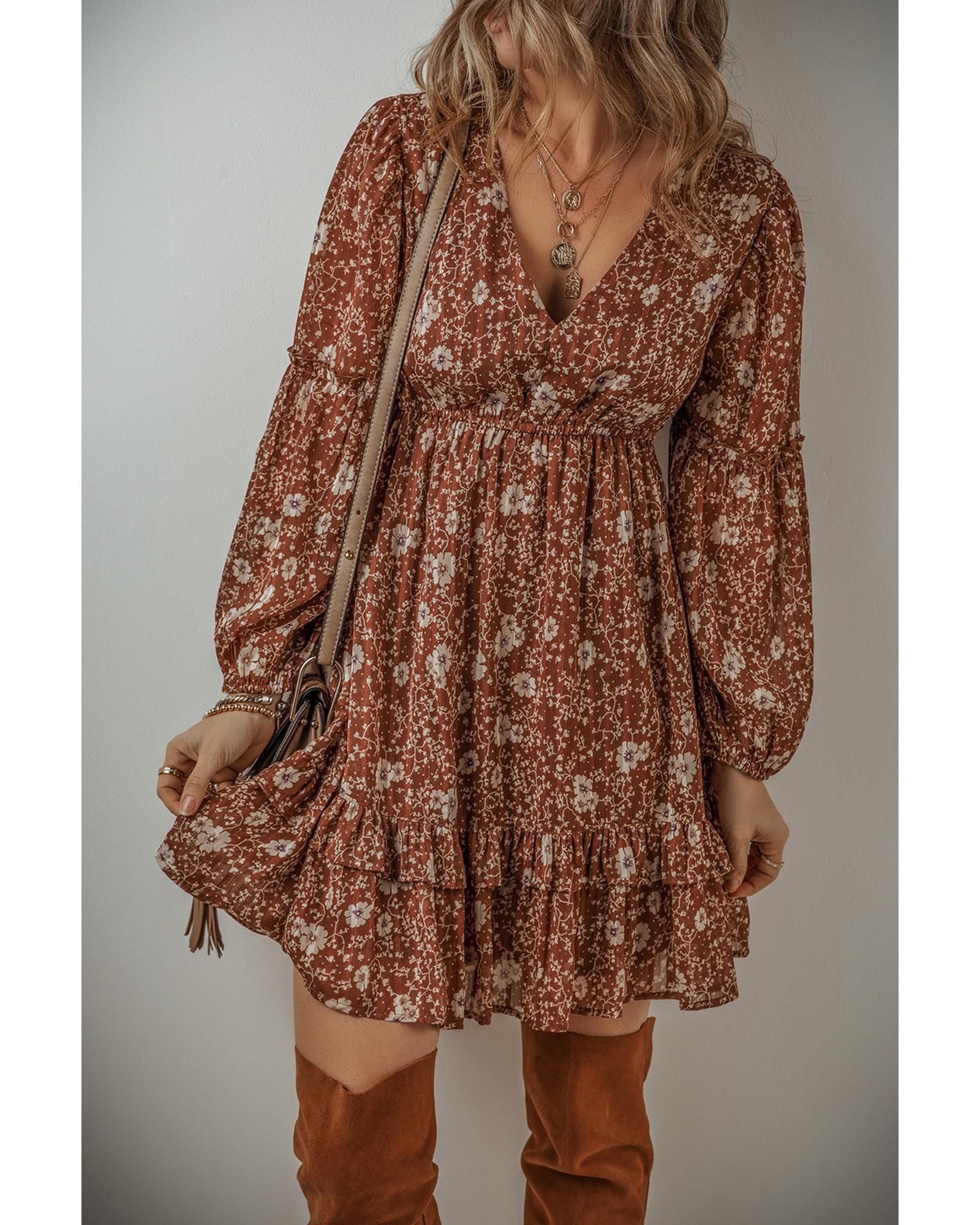 Brown Boho Floral Ruffled Puff Sleeve V Neck Mini Dress - M
