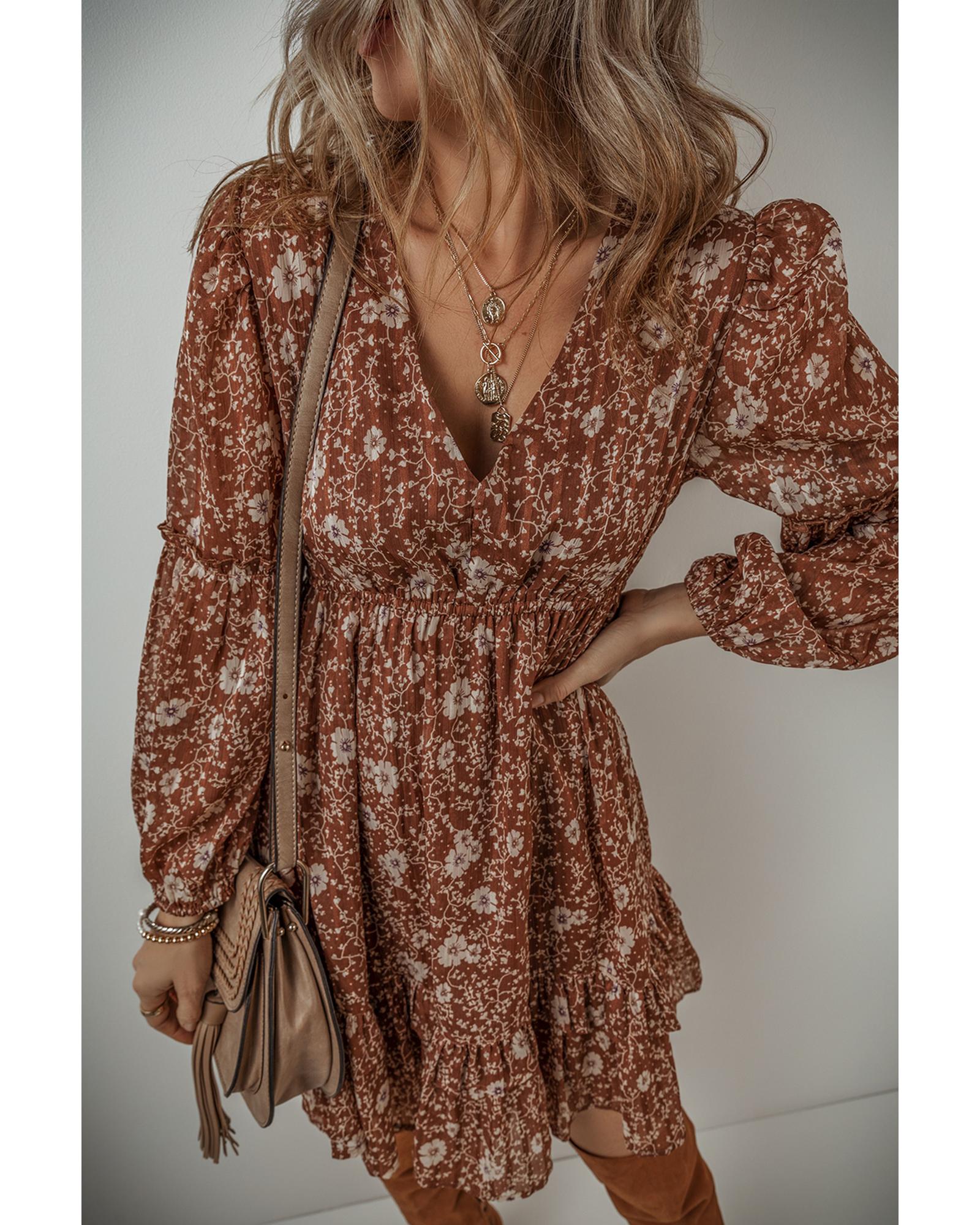 Brown Boho Floral Ruffled Puff Sleeve V Neck Mini Dress - M