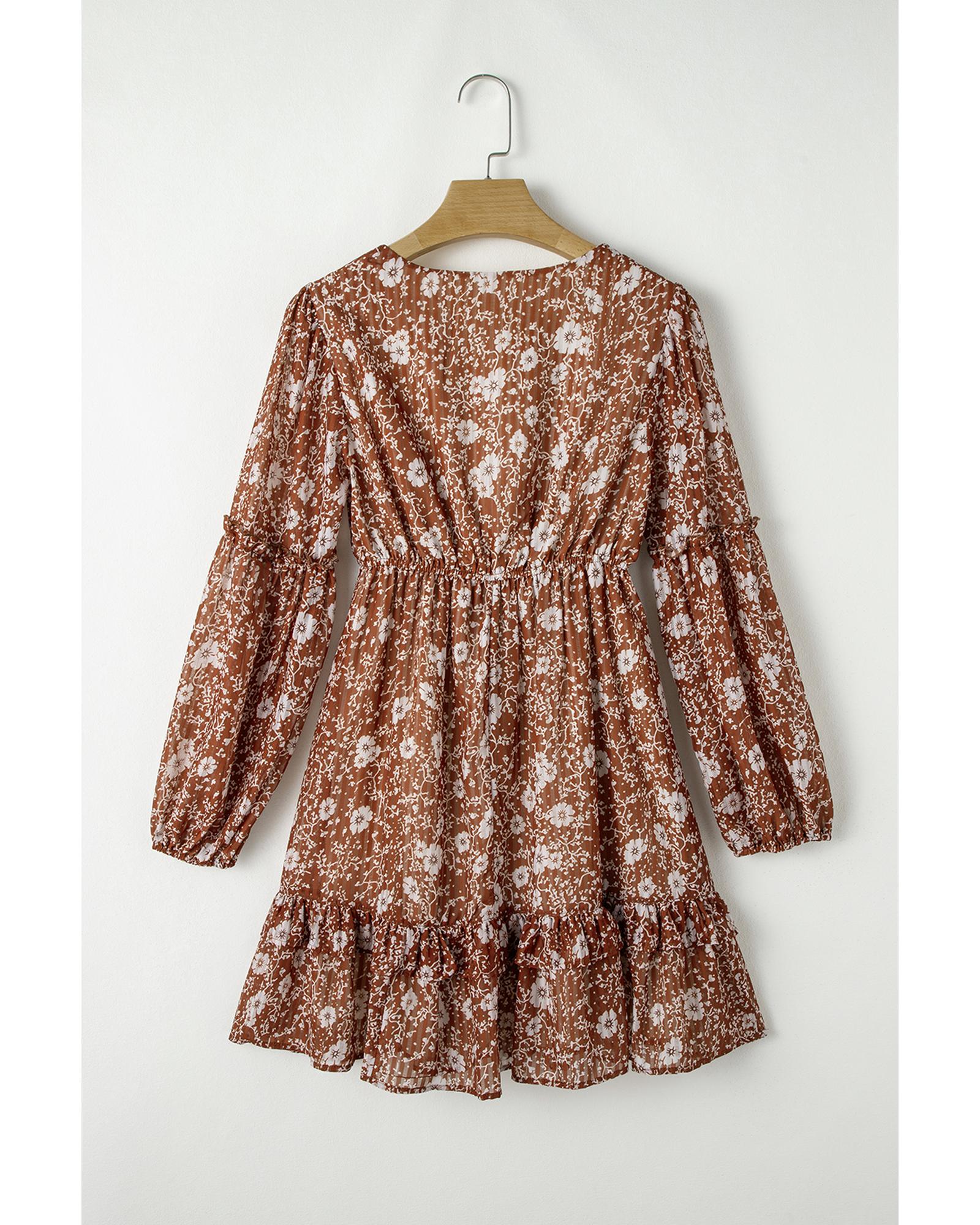Brown Boho Floral Ruffled Puff Sleeve V Neck Mini Dress - M