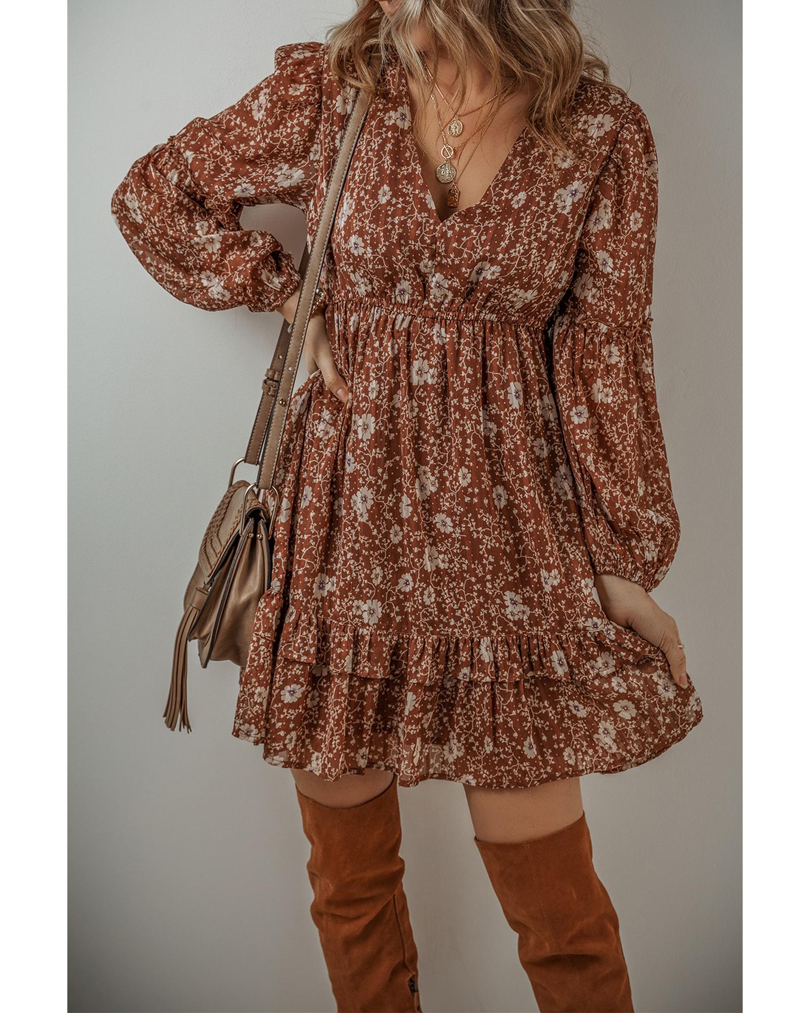 Brown Boho Floral Ruffled Puff Sleeve V Neck Mini Dress - M