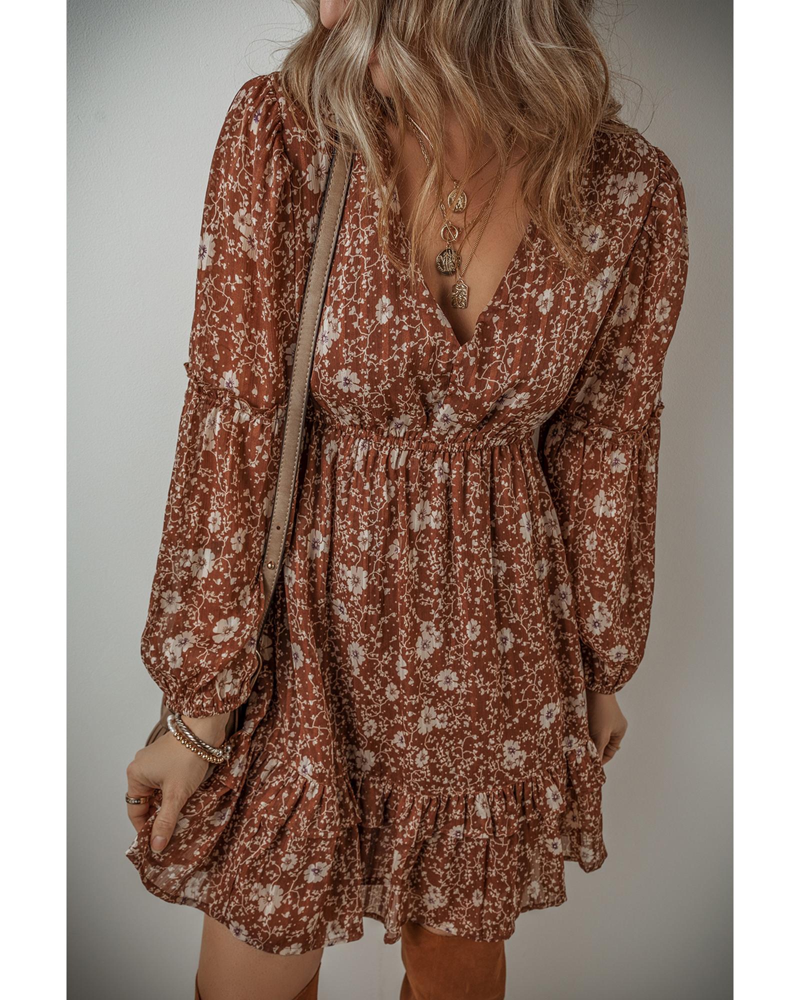 Brown Boho Floral Ruffled Puff Sleeve V Neck Mini Dress - S