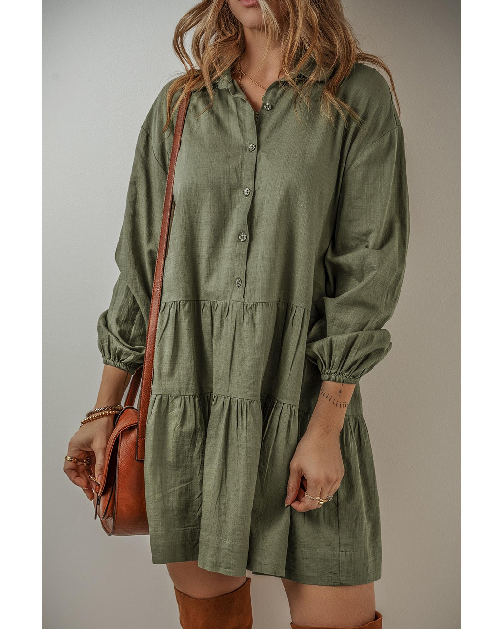 Jungle Green Puff Sleeve Buttoned Tiered Pleated Shirt Mini Dress - M