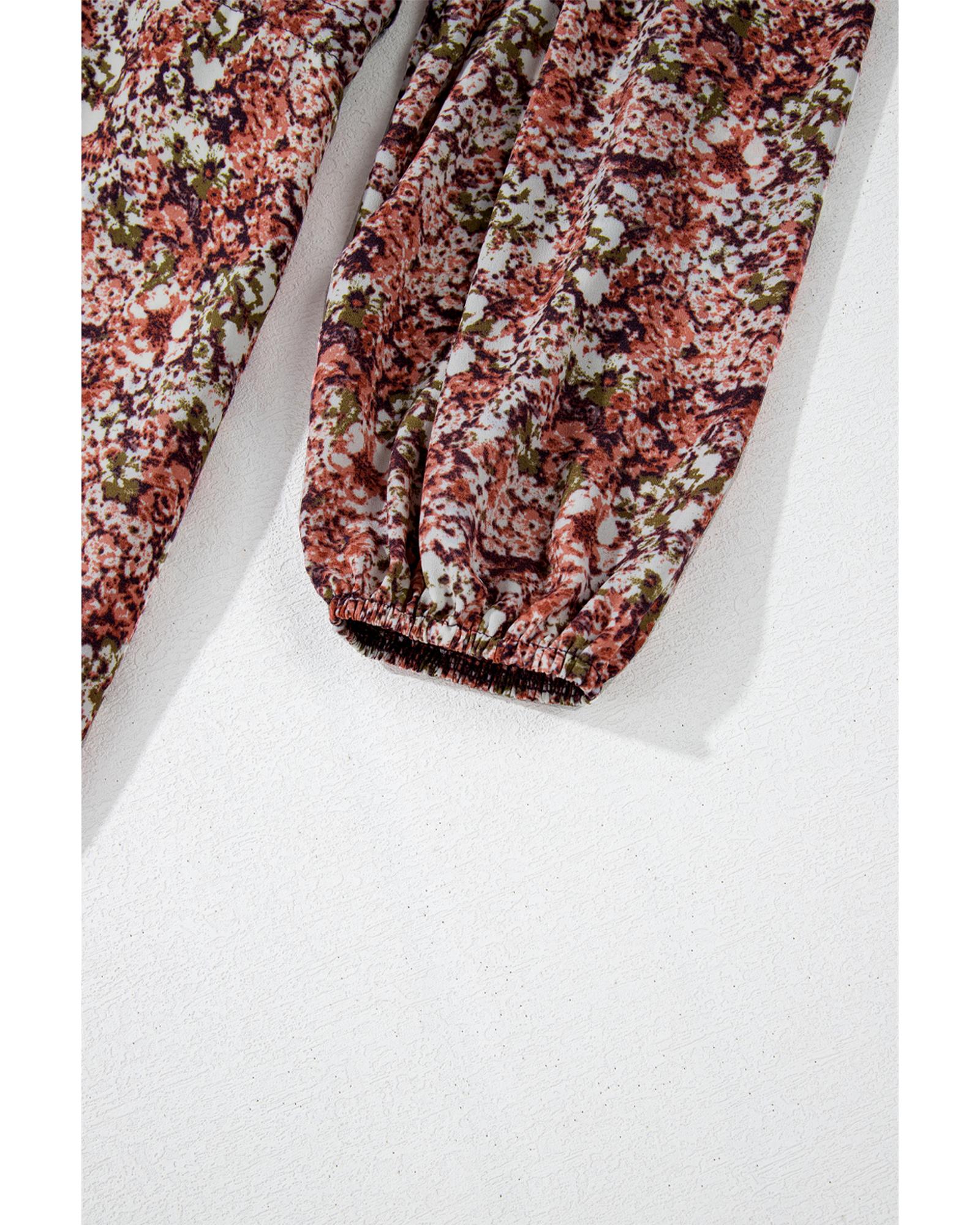 Brown Floral Print Split Front Tiered Frilled V Neck Midi Dress - L