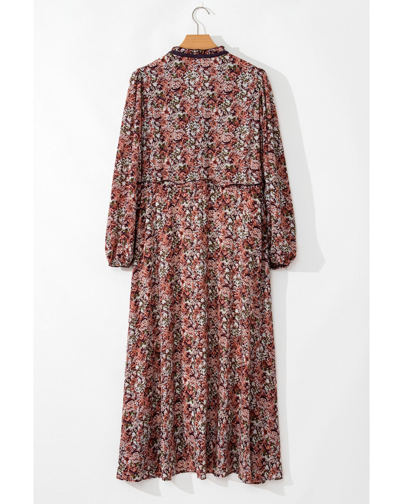 Brown Floral Print Split Front Tiered Frilled V Neck Midi Dress - L
