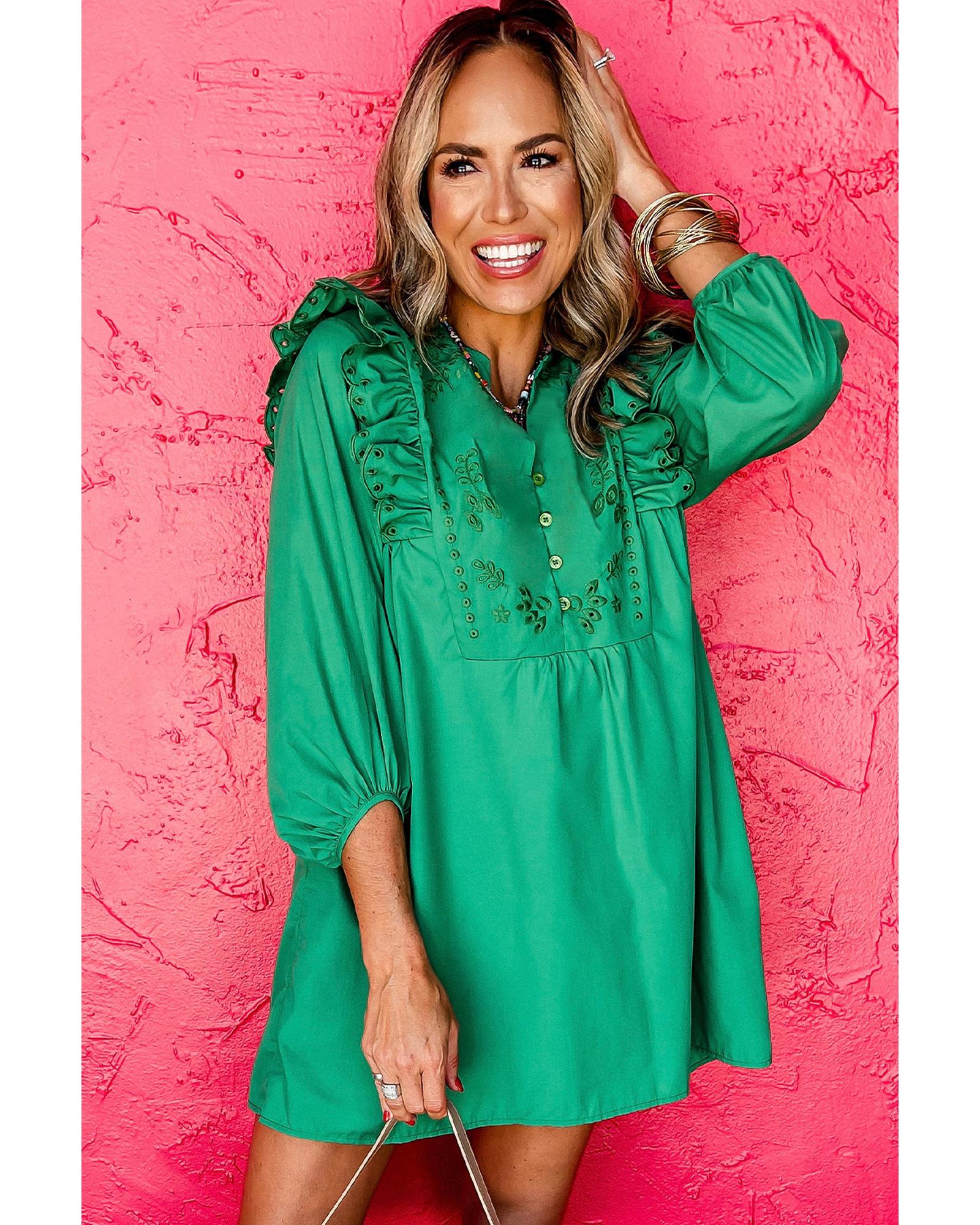 Bright Green Embroidered Ruffled Trim 3/4 Sleeve V Neck Mini Dress - XL