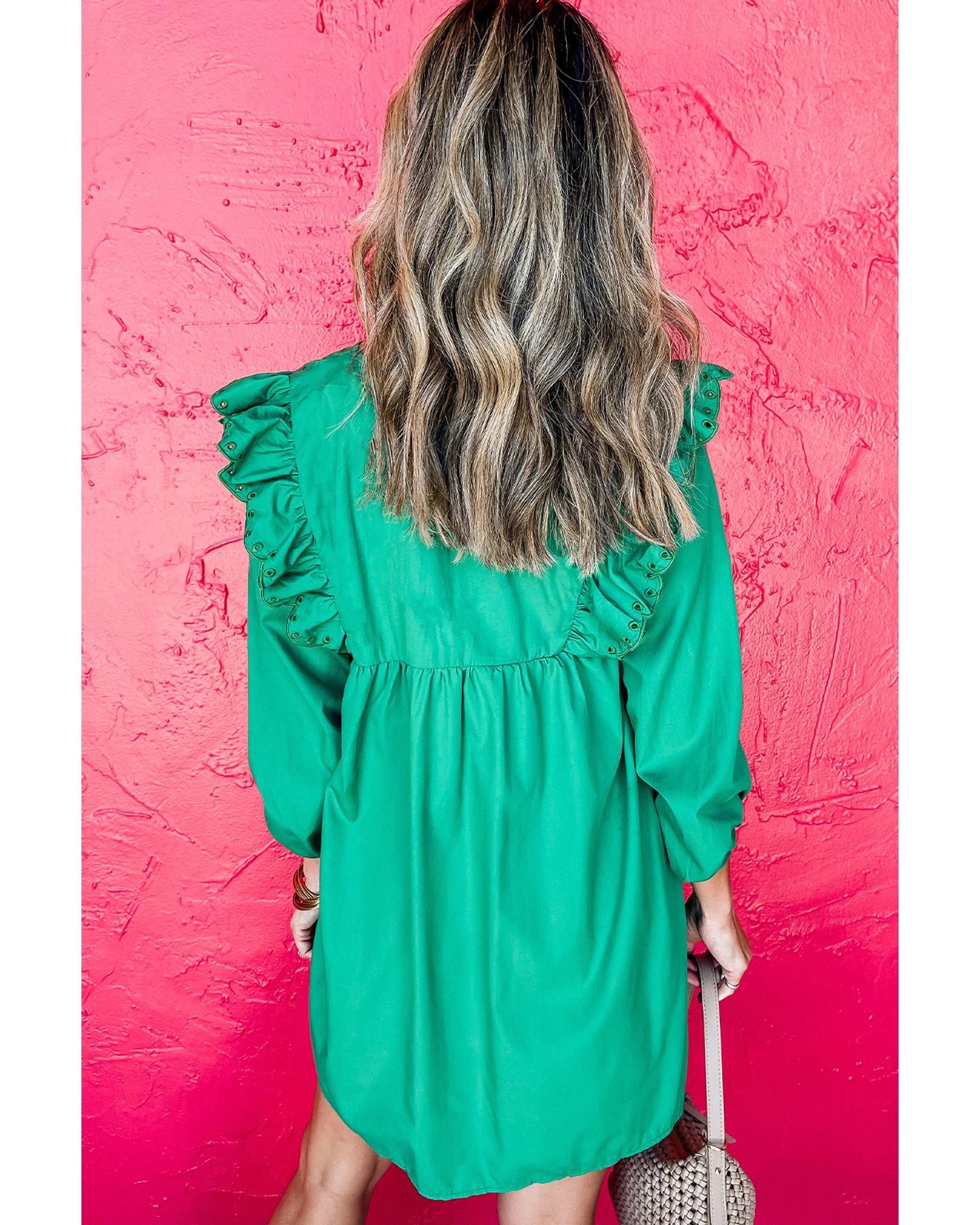 Bright Green Embroidered Ruffled Trim 3/4 Sleeve V Neck Mini Dress - XL
