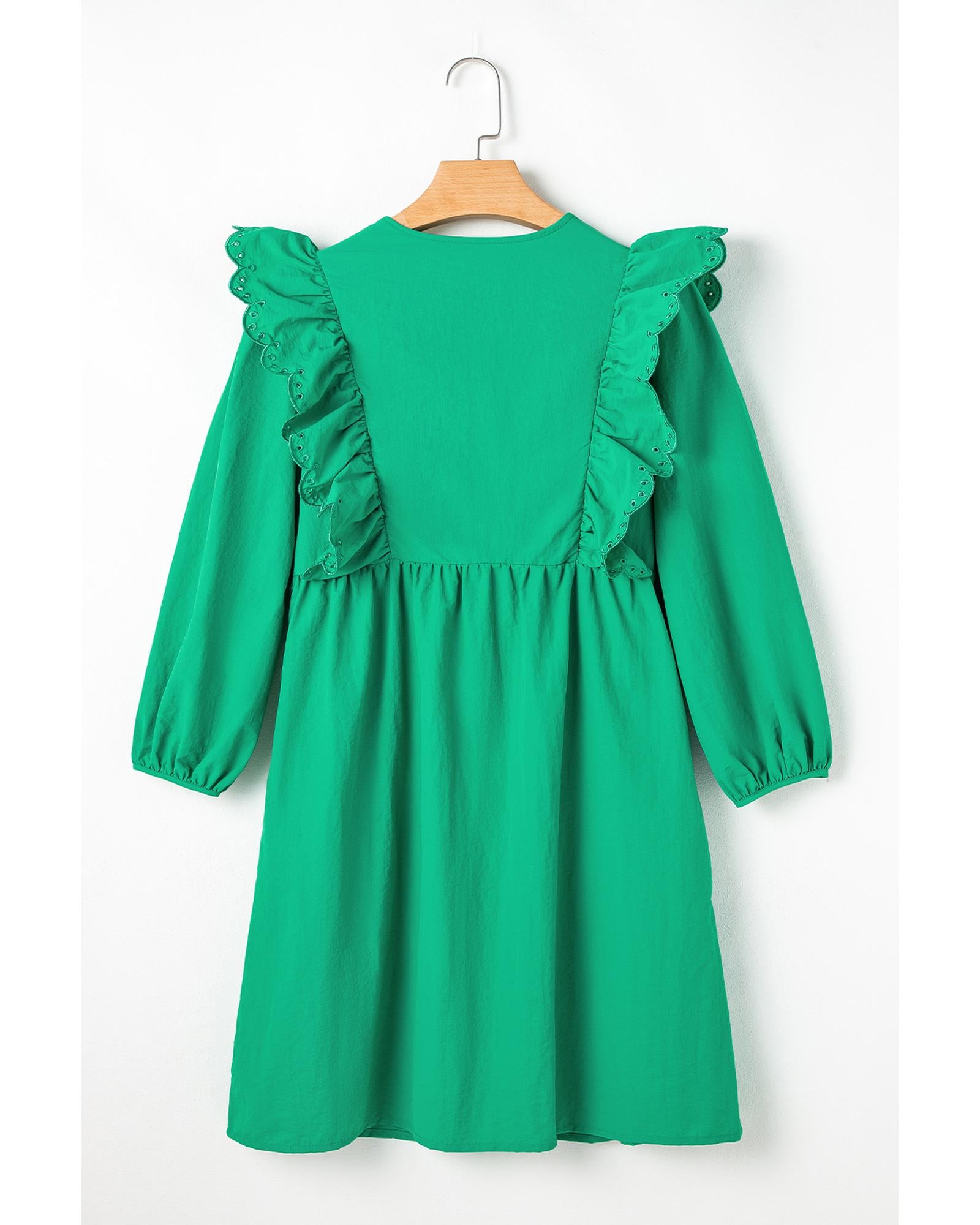 Bright Green Embroidered Ruffled Trim 3/4 Sleeve V Neck Mini Dress - XL