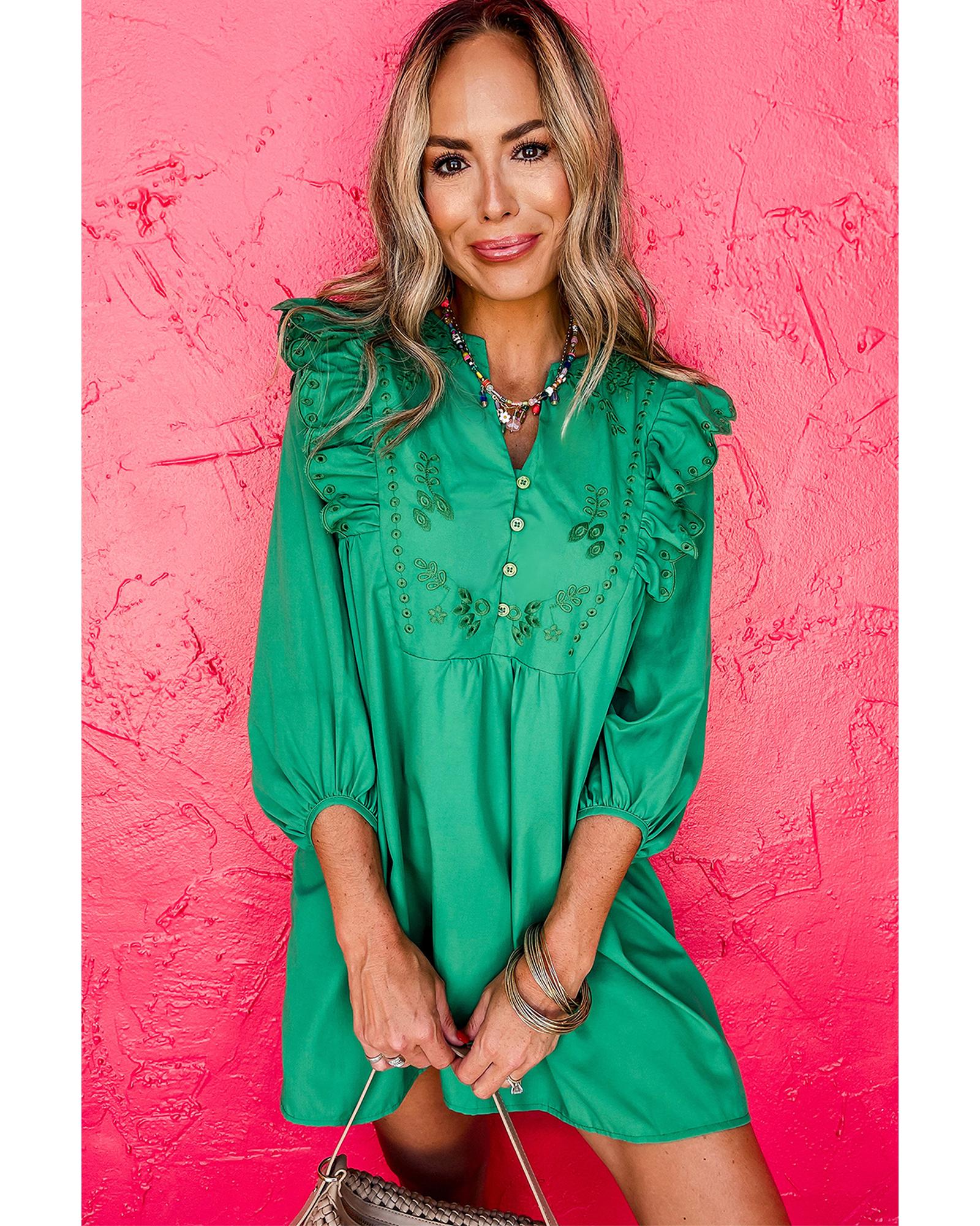 Bright Green Embroidered Ruffled Trim 3/4 Sleeve V Neck Mini Dress - XL
