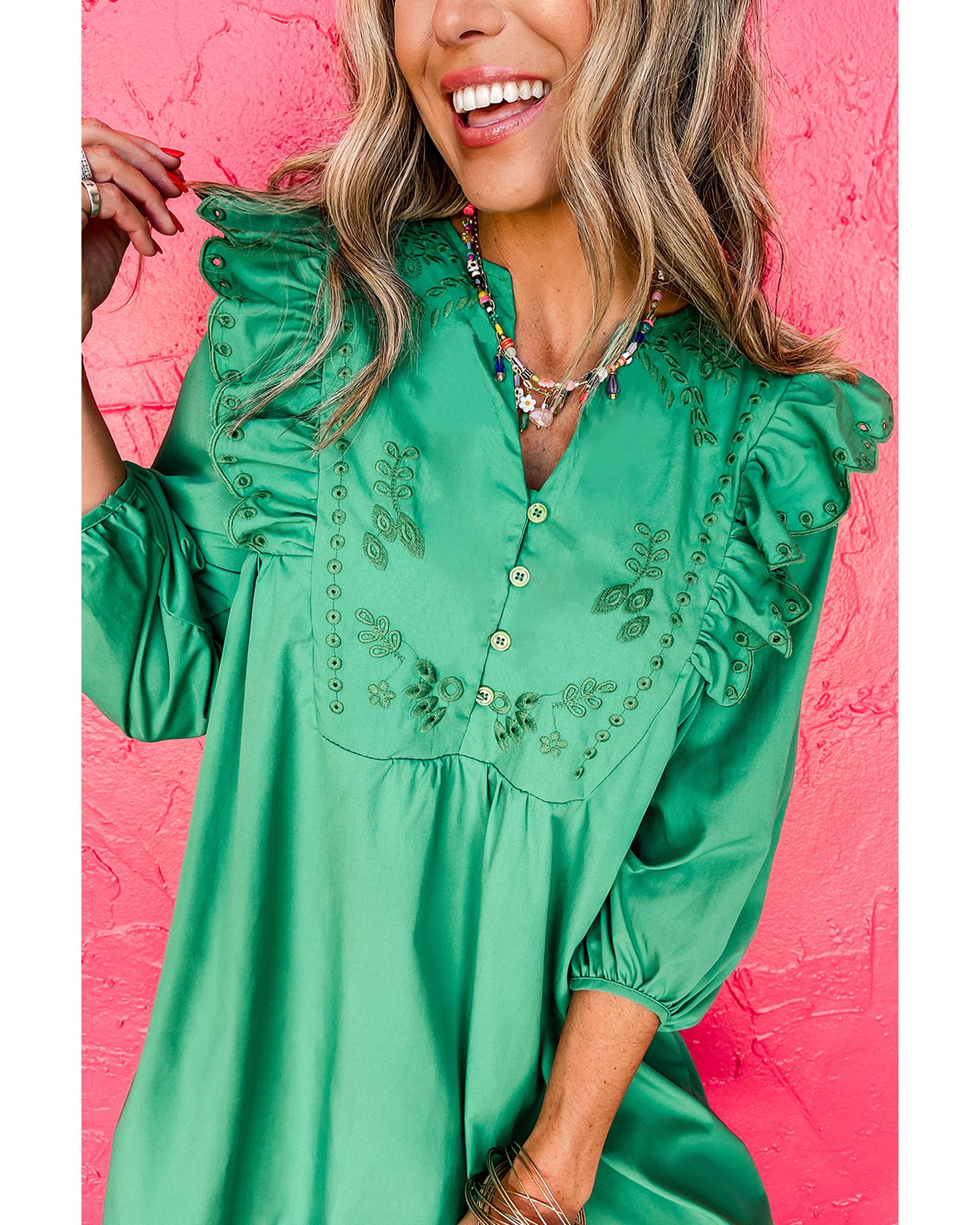 Bright Green Embroidered Ruffled Trim 3/4 Sleeve V Neck Mini Dress - XL
