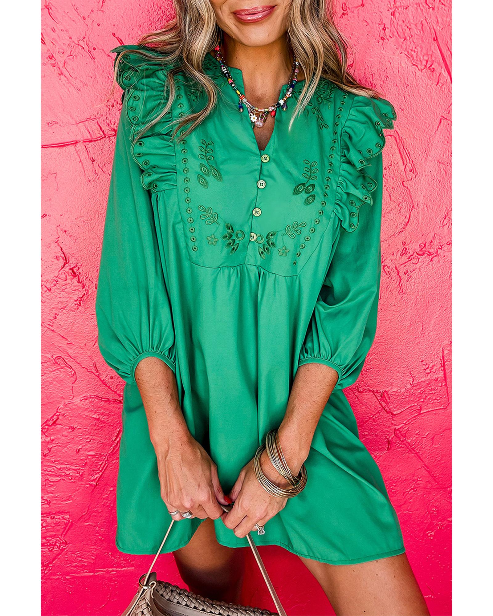 Bright Green Embroidered Ruffled Trim 3/4 Sleeve V Neck Mini Dress - XL