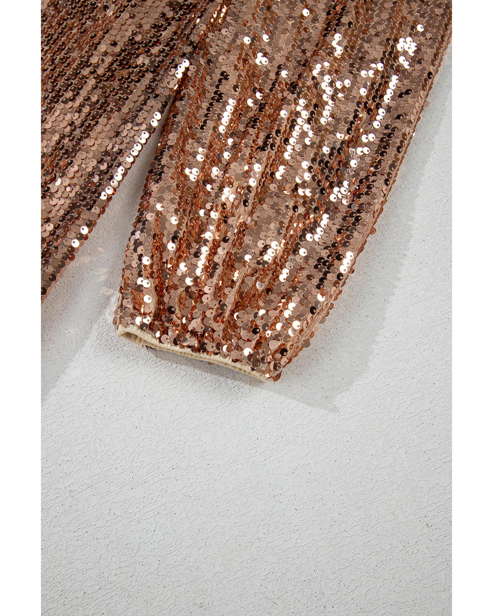 Gold Sequined Long Sleeve Cutout Back Mini Dress - L