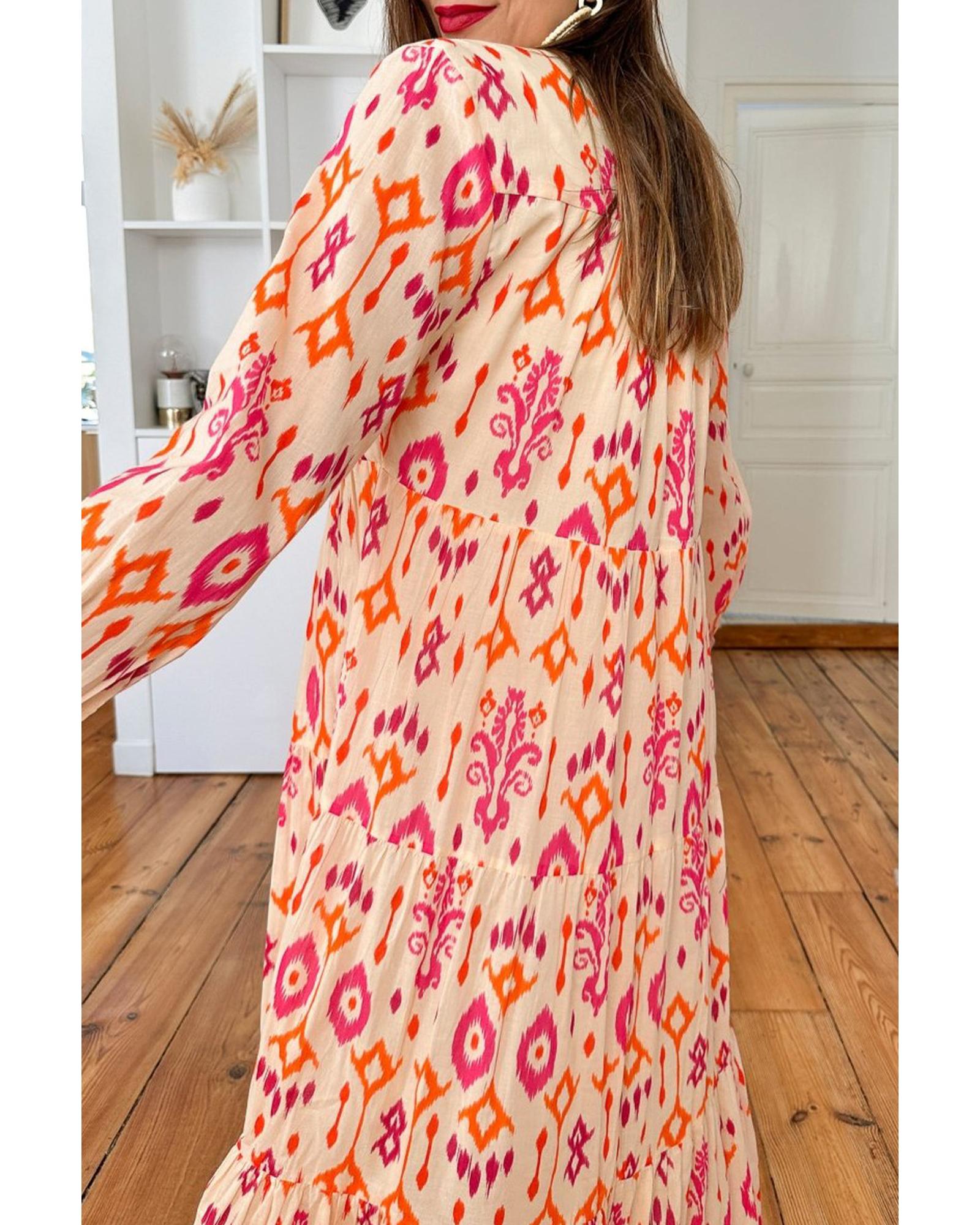 Orange Western Abstract Geometric Printed Maxi Dress - XL