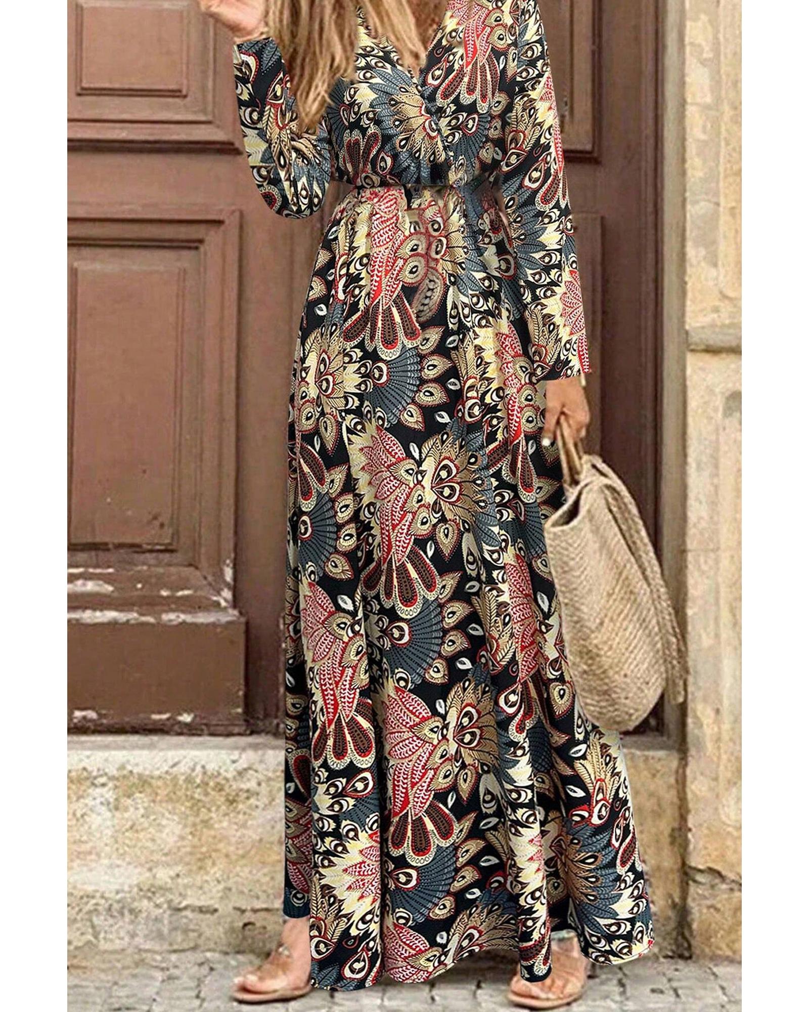 Black Floral Print V Neck Wrap High Waist Maxi Dress - S