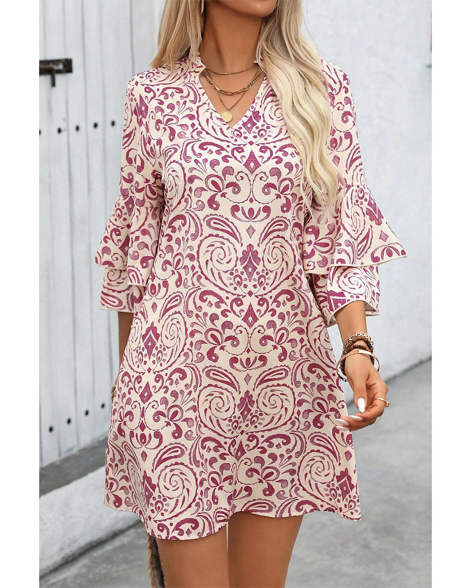 Pink Paisley Print Tiered 3/4 Sleeve Notched Neck Mini Dress - S
