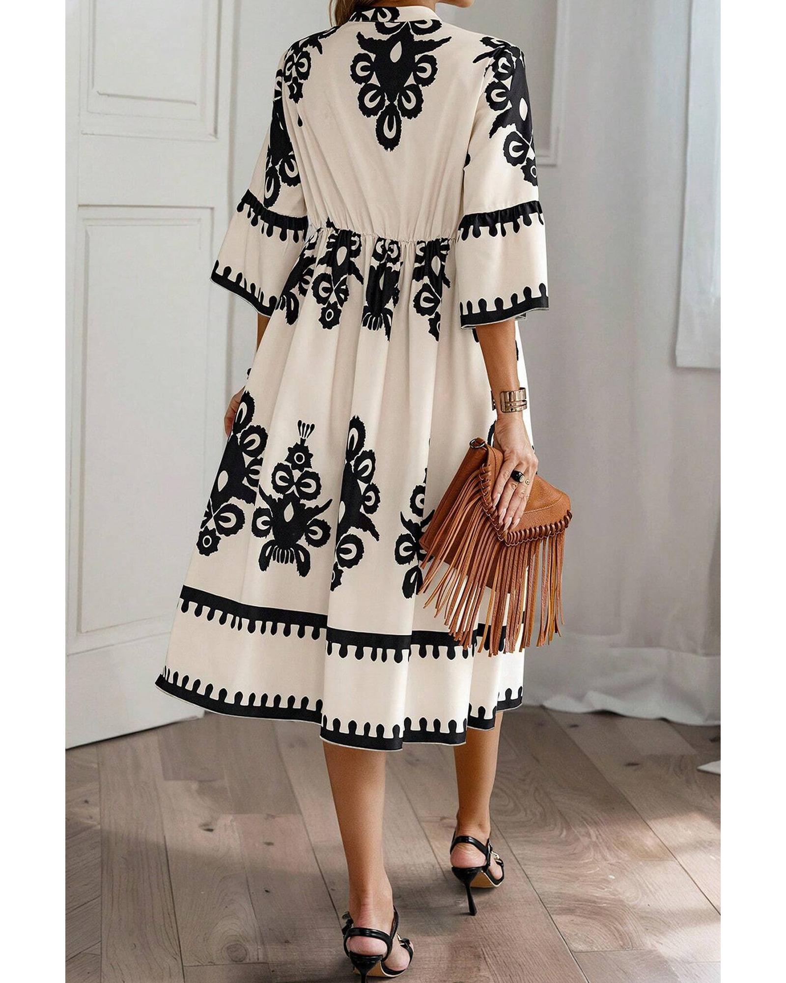 Beige Western Geometric Print 3/4 Sleeve Loose Midi Dress - M