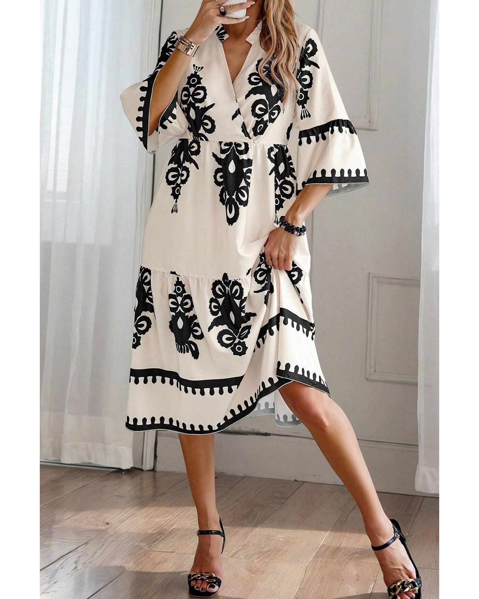 Beige Western Geometric Print 3/4 Sleeve Loose Midi Dress - S