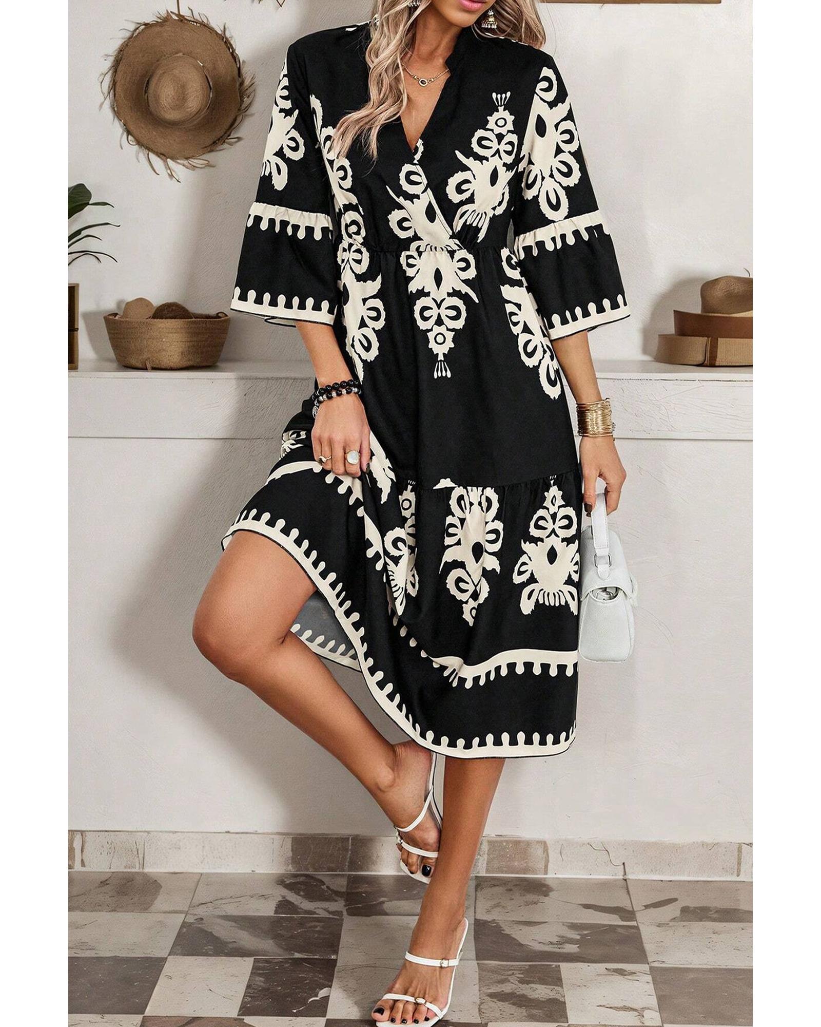 Black Western Geometric Print 3/4 Sleeve Loose Midi Dress - S