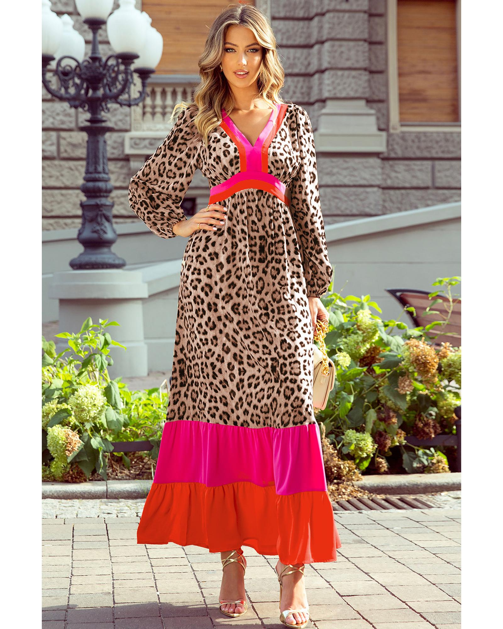 Brown Leopard Color Block V Neck Loose Fit Maxi Dress - L