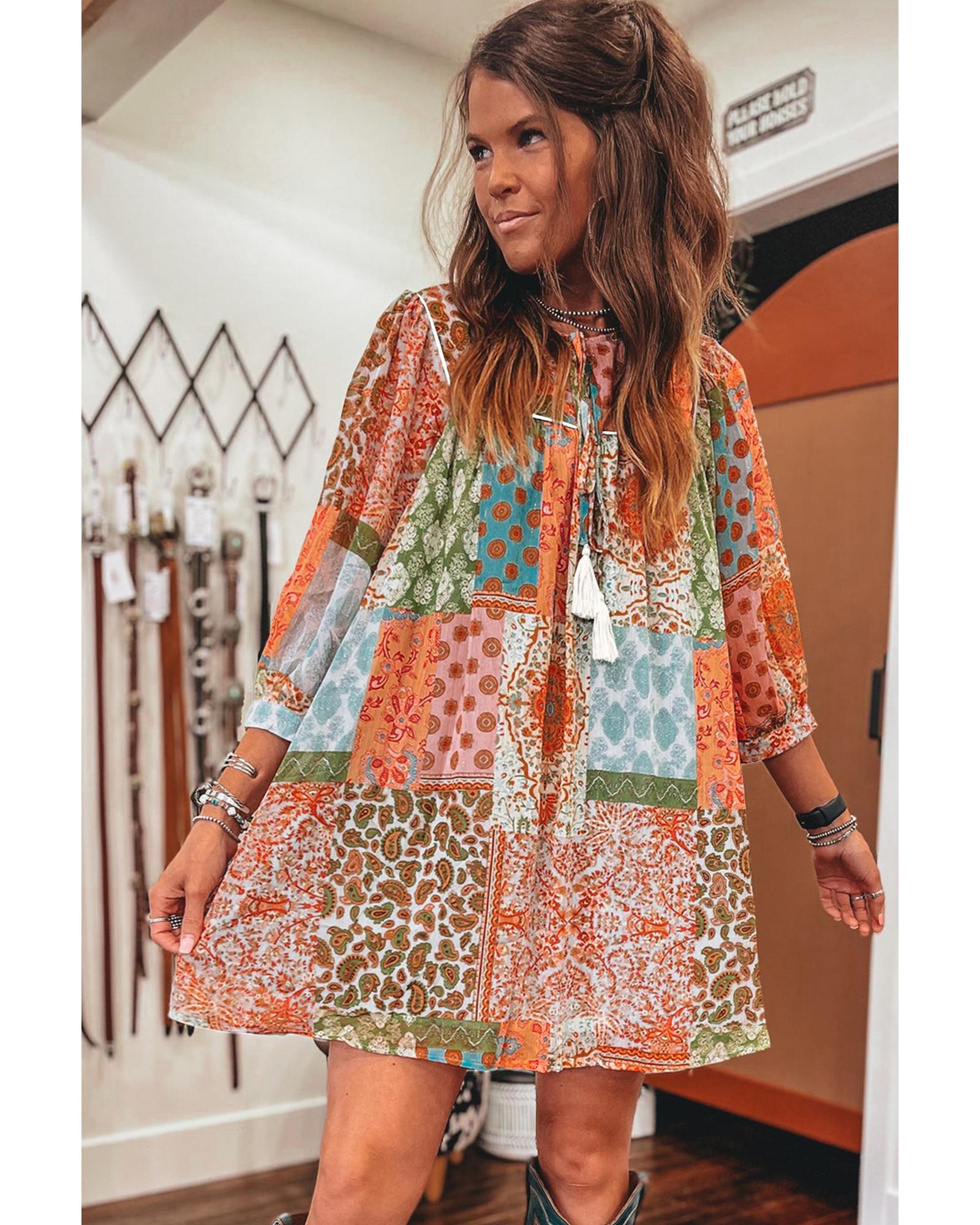 Orange Boho Paisley Mixed Print 3/4 Sleeve Chiffon Loose Dress - M