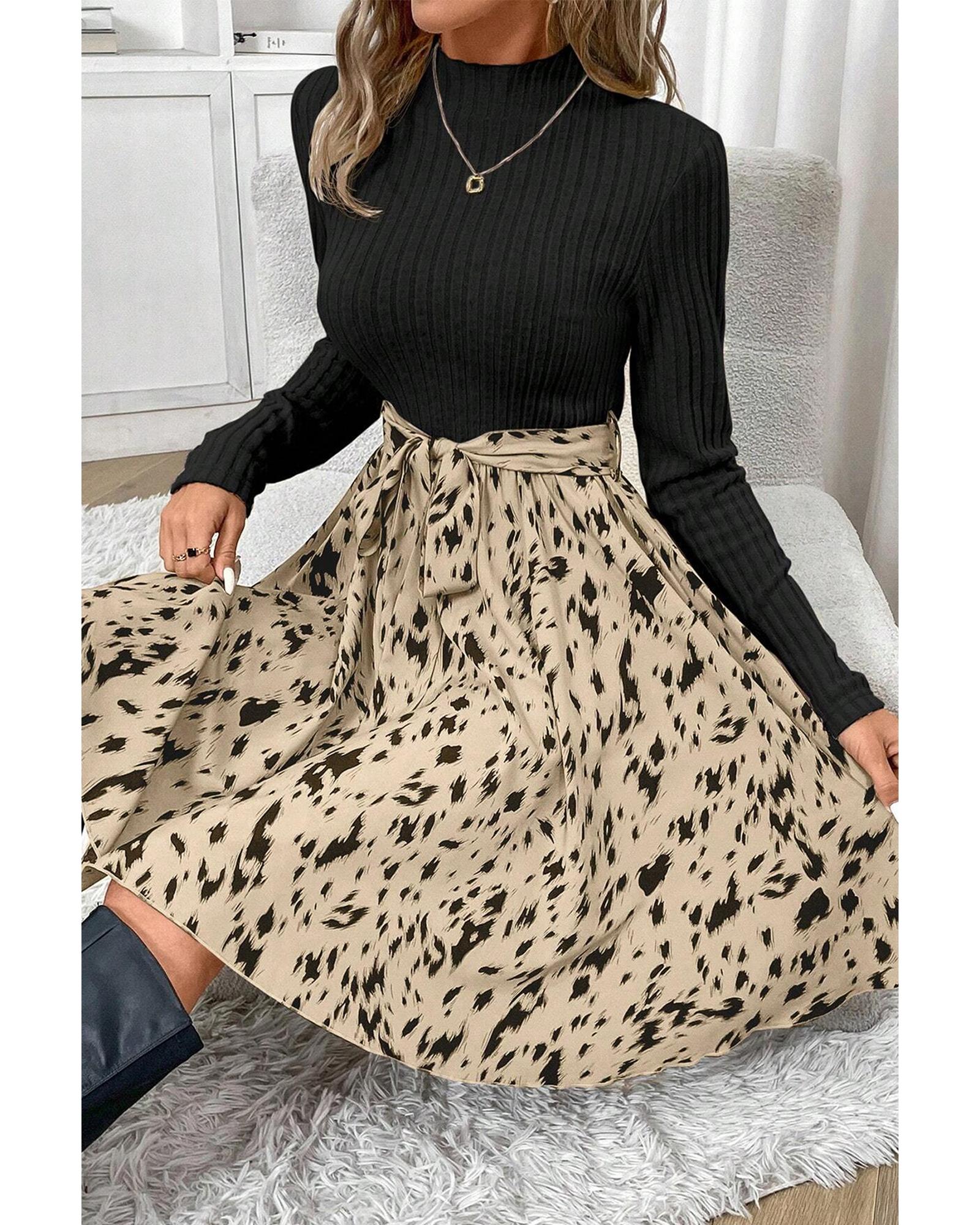 Black Ribbed Knit Patchwork Printed Belted A-line Dress - XL