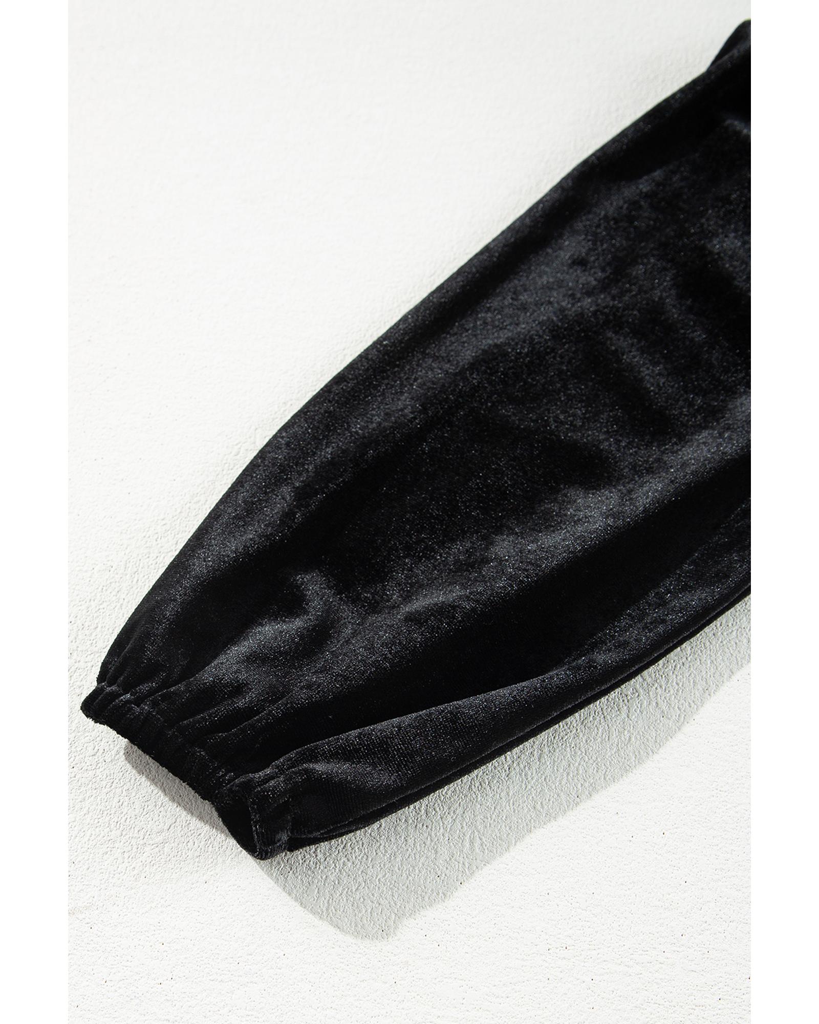 Black Velvet Long Sleeve Surplice High Waist Mini Dress - M