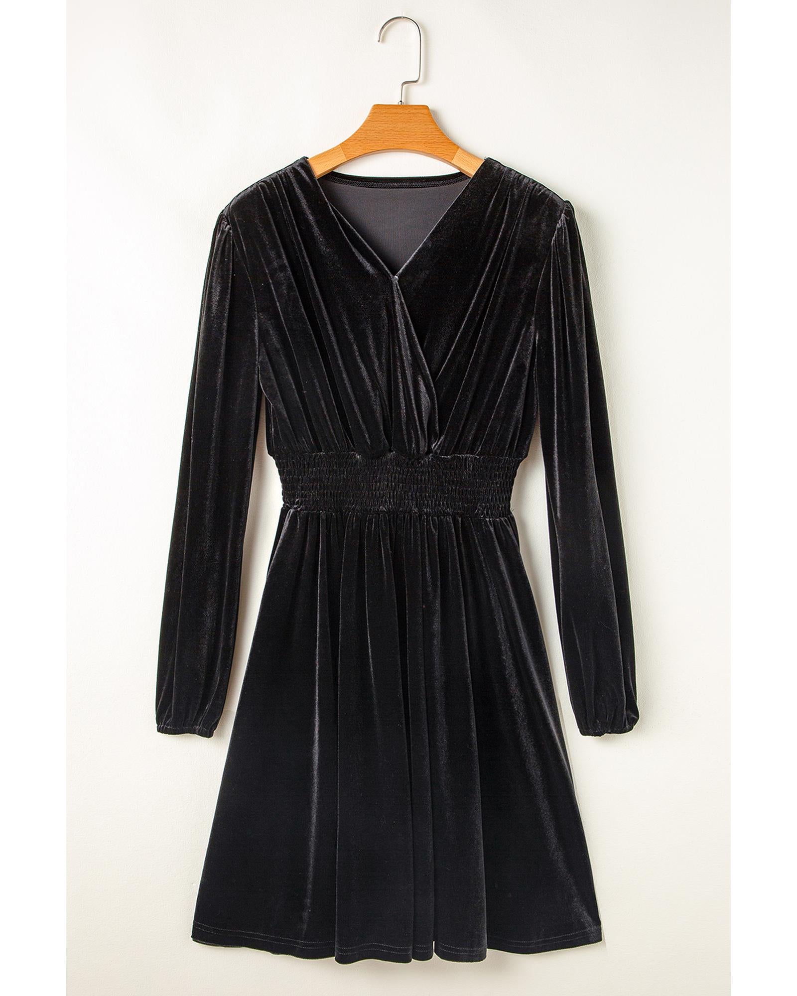 Black Velvet Long Sleeve Surplice High Waist Mini Dress - S