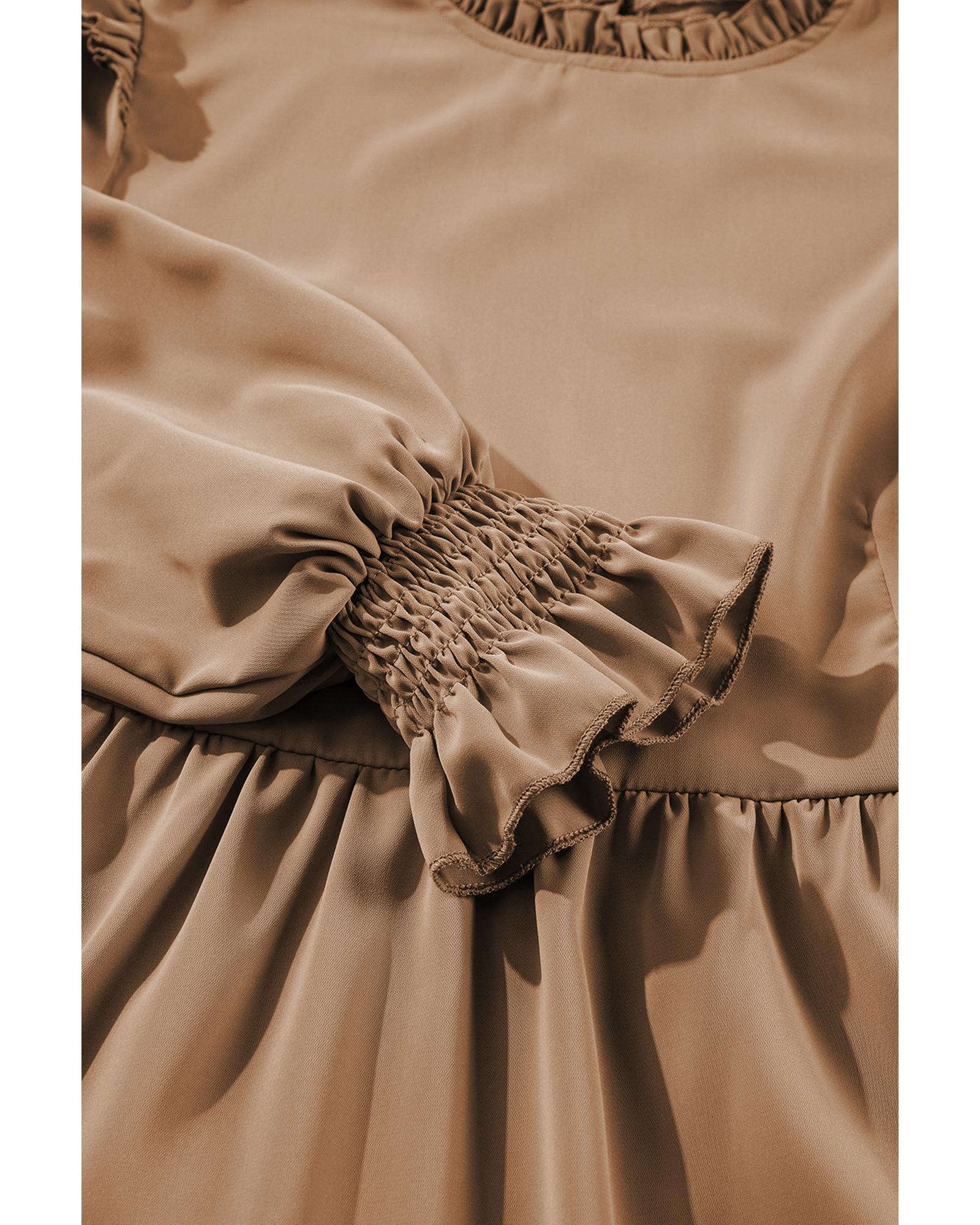 Light French Beige Frilled Collar Ruffled Shoulder Tiered Dress - L