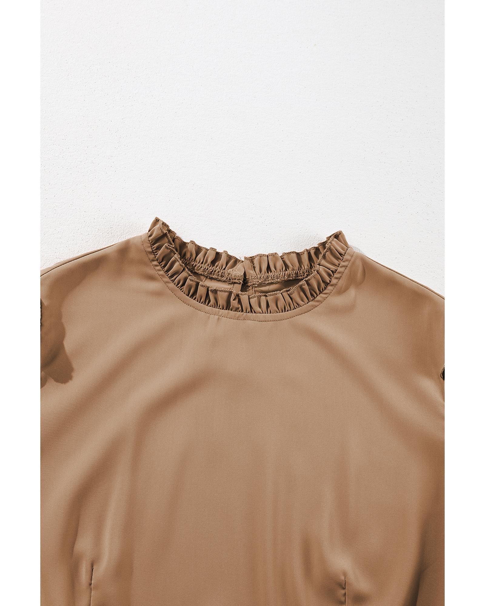 Light French Beige Frilled Collar Ruffled Shoulder Tiered Dress - S