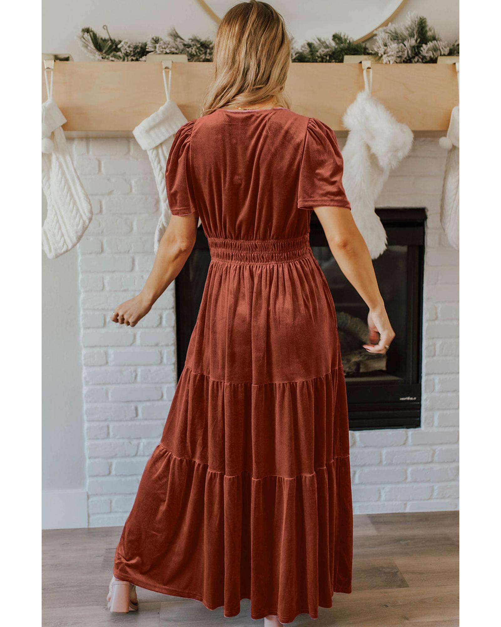 Chestnut Velvet Short Sleeve Shirred Waist Tiered Maxi Dress - L
