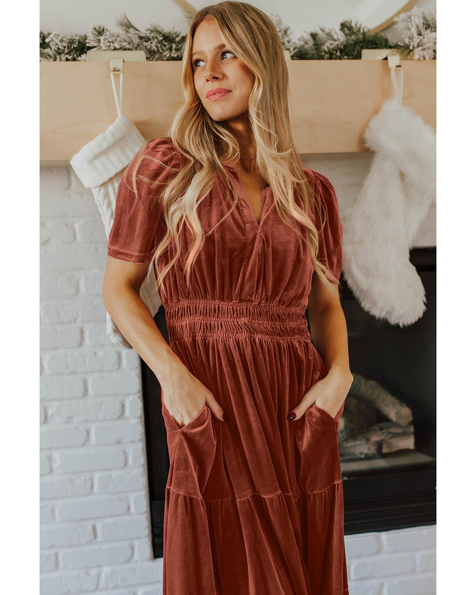 Chestnut Velvet Short Sleeve Shirred Waist Tiered Maxi Dress - M