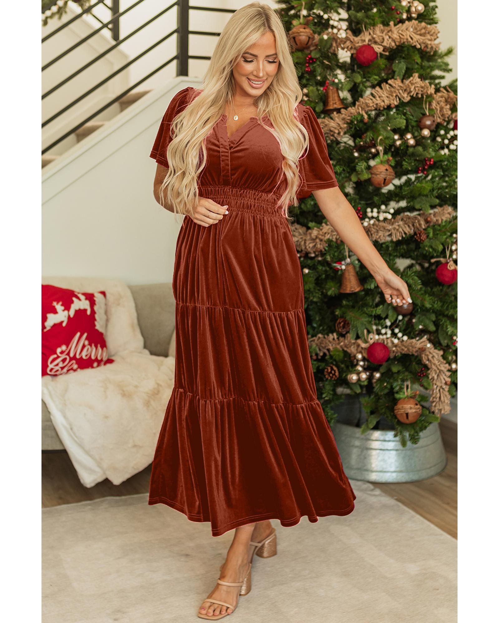 Chestnut Velvet Short Sleeve Shirred Waist Tiered Maxi Dress - M
