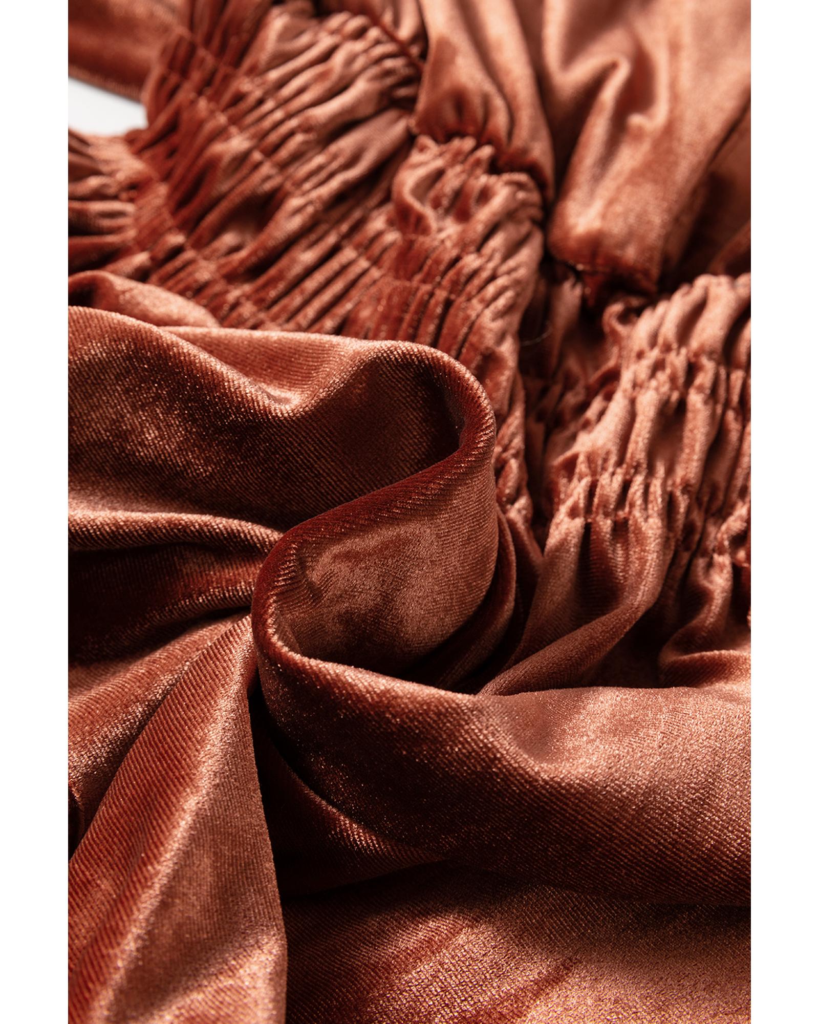 Chestnut Velvet Short Sleeve Shirred Waist Tiered Maxi Dress - M