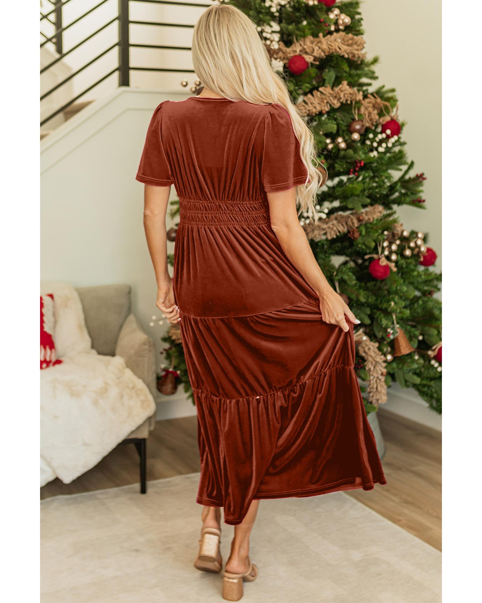 Chestnut Velvet Short Sleeve Shirred Waist Tiered Maxi Dress - M