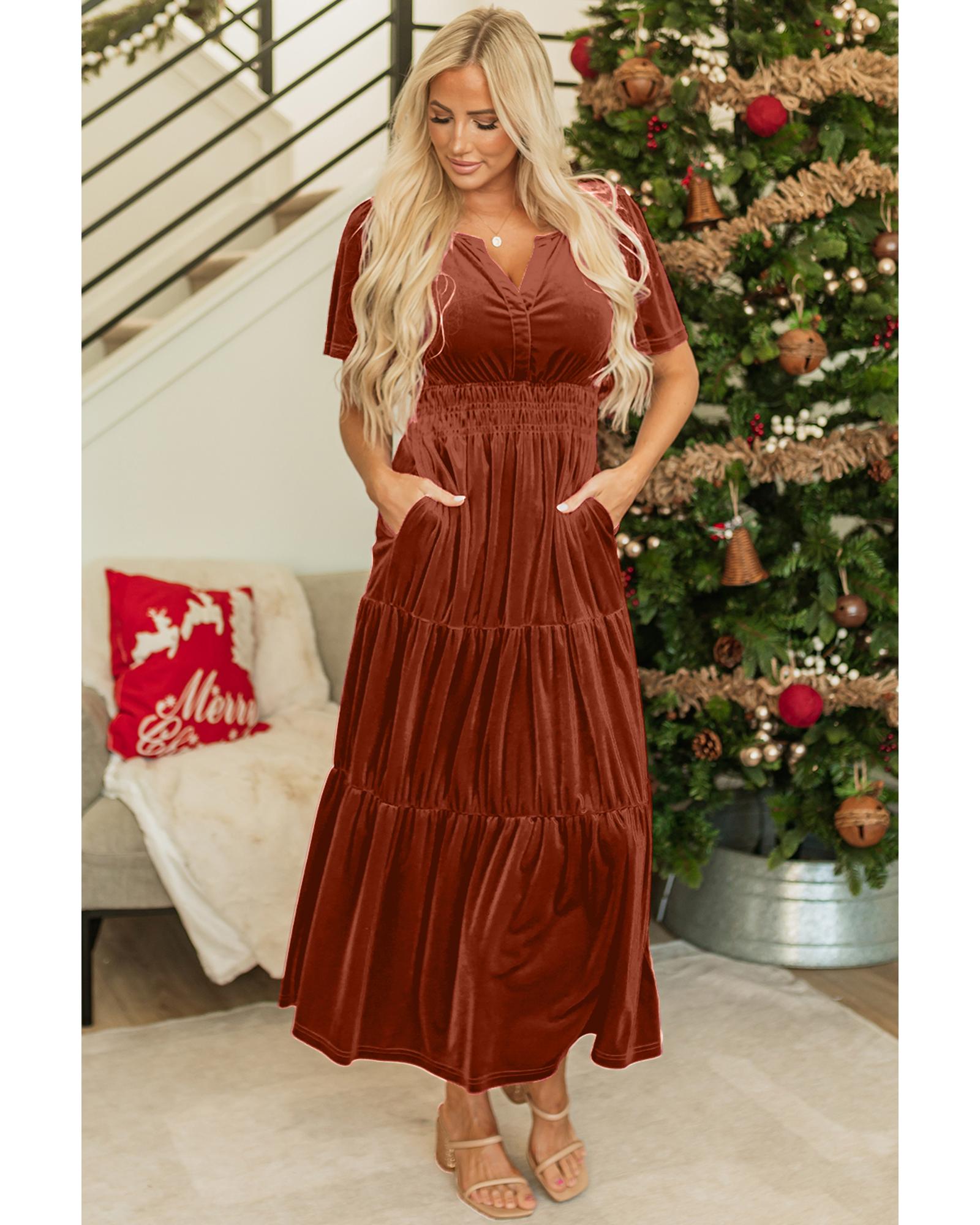 Chestnut Velvet Short Sleeve Shirred Waist Tiered Maxi Dress - M
