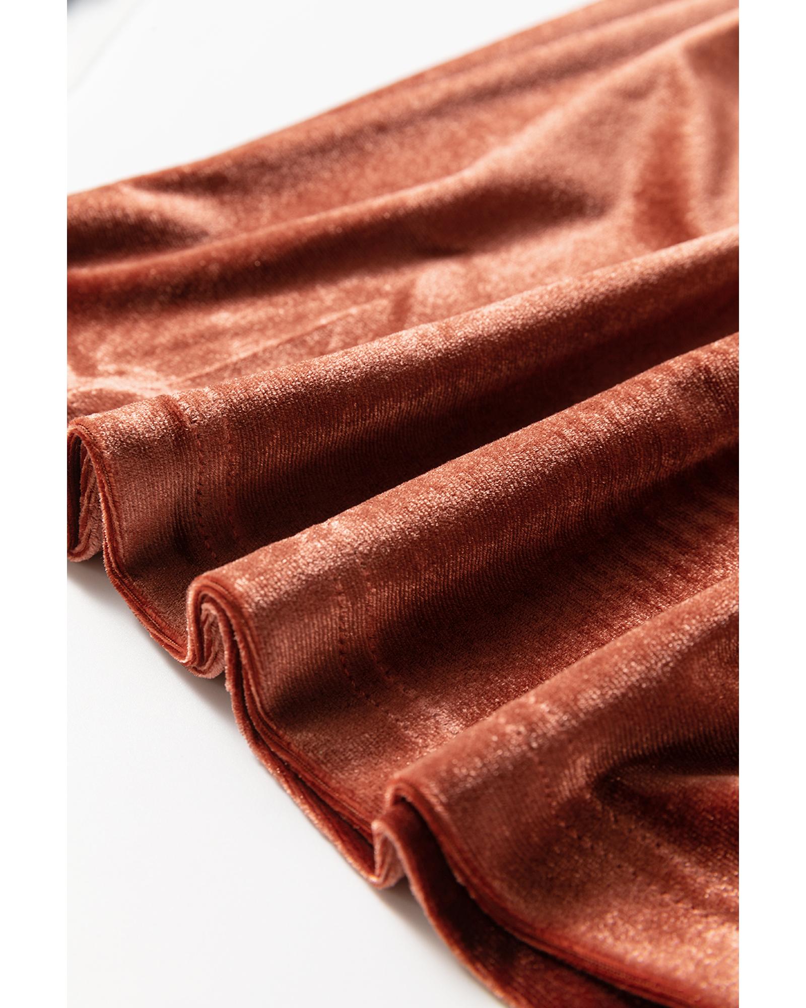 Chestnut Velvet Short Sleeve Shirred Waist Tiered Maxi Dress - M