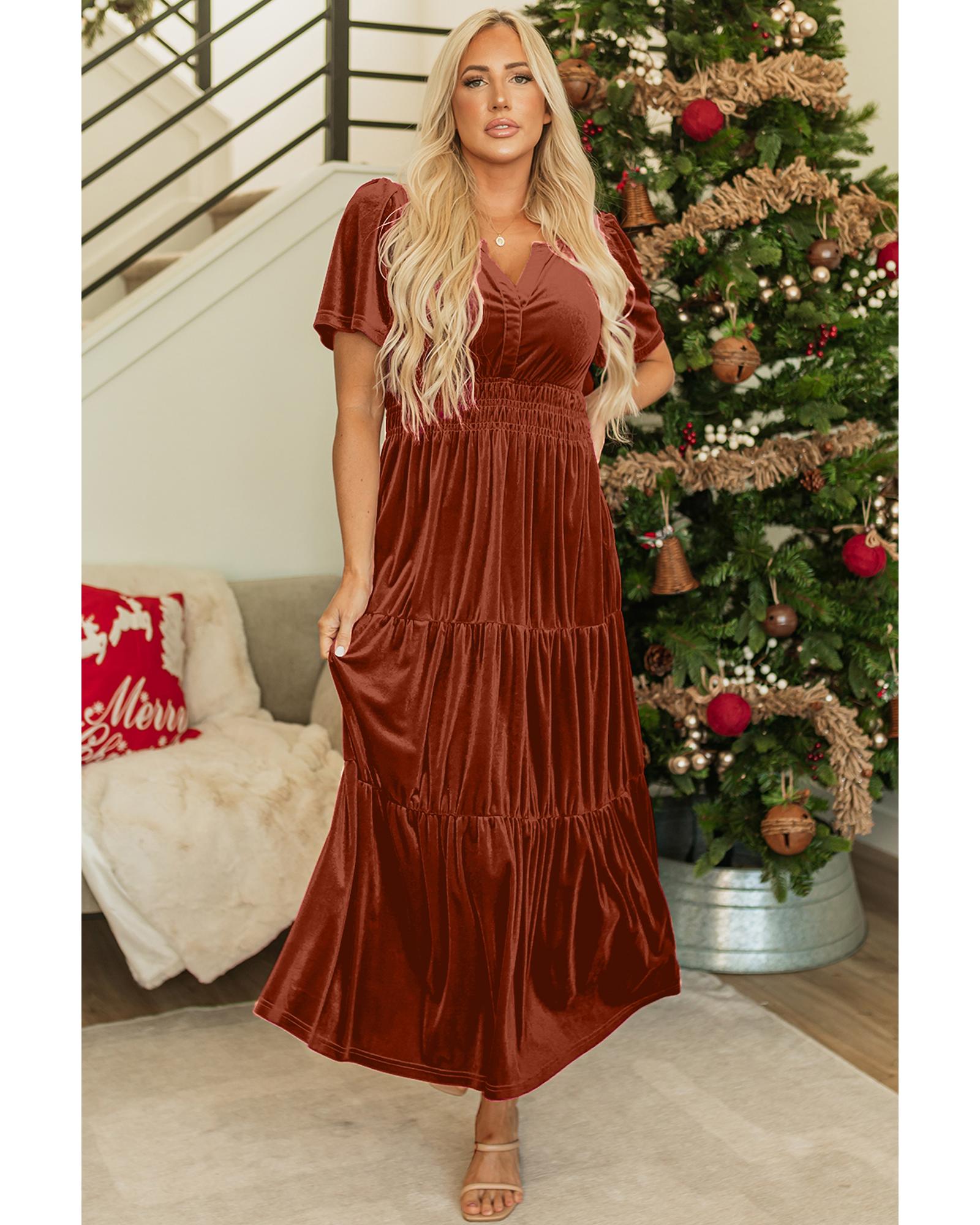 Chestnut Velvet Short Sleeve Shirred Waist Tiered Maxi Dress - M
